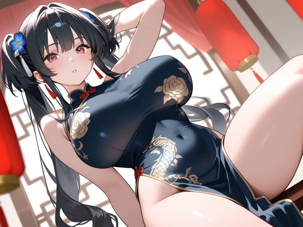 Beautiful girl with black hair and bangs，Hairpin，bun tou，cleavage，Thong，imperial concubine clothing，Long skirt，，(Delicate face:1.2),Chinese Palace