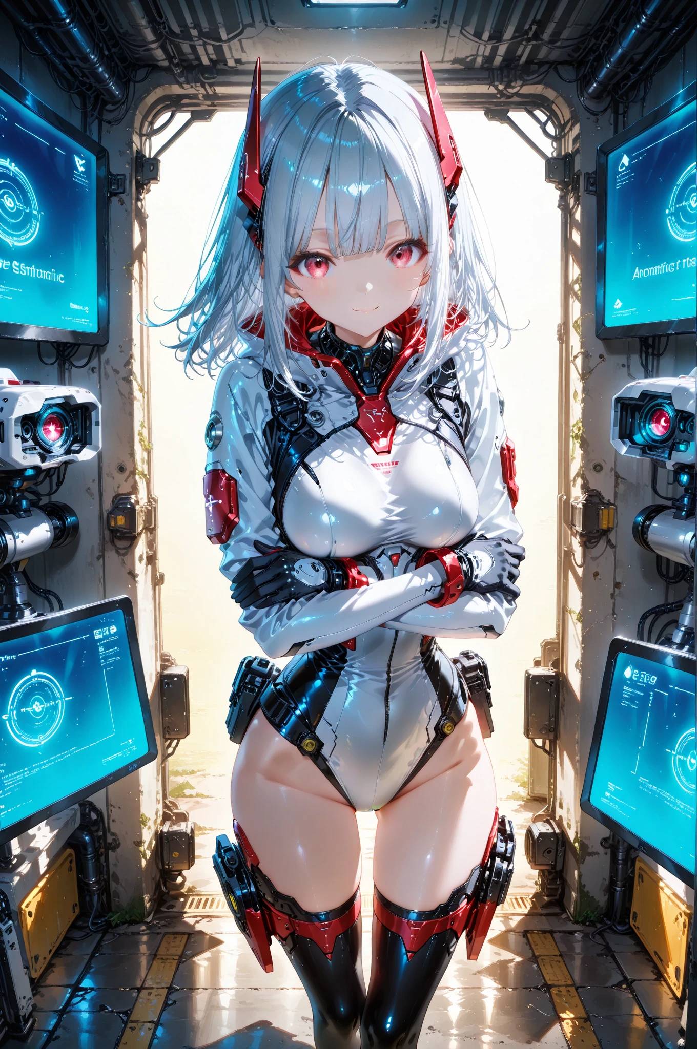 (Photorealistic:1.8, highest quality:1.8,8K masterpiece:1.8,High resolution,Mastepiece:1.8,RAW Photos,Cinematic lighting),No split screen、noon、White Lab、Cyborg 1 Girl、Angle from below、
(Real skin texture:1.3)、(choker、Metallic armored headset、Knee-high long boots、High leg bloomers、Sexy breastplate that shows the underside of the breasts)、(Underboob)、cameltoe、Beautiful thighs、Plump nippleechanical Art: 1.4)、(Mechanical Limbechanical spine attached to the back)、(Mechanical cervical vertebrae attached to the neck)、Metallic Mask、Beautiful expression、Beautiful Face、 Spider body painting on stomach、(Shortcuts、Beautiful, shining red, yellow, blue, white, black, gray, silver hair:1.5)、Detailed blue eyes、Shiny red lips、Stoic、Random Pause