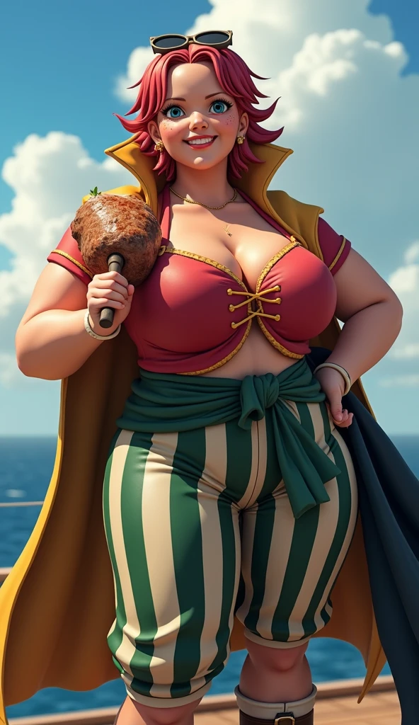 Cartoon fat woman in pink dress with pirate hat and pink dress, an illustration of inspired by Hirosada II, pixiv, conceptual art, real life big mom, from one piece, pink iconic characters, Yayoi Kasuma, nami one piece, Official art, she has a jiggly fat round belly,