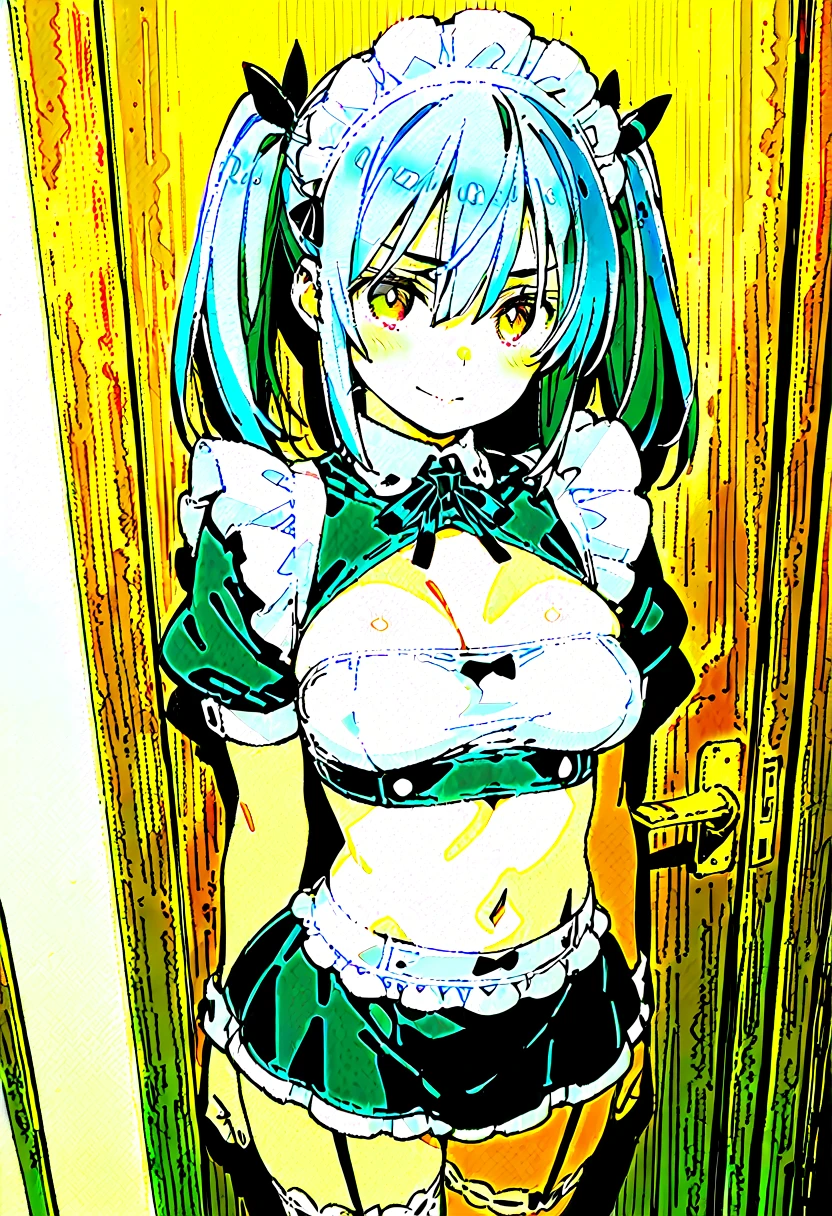 masterpiece, best quality, <lora:hibachi-nvwls-v1-000009:0.9> mshibachi, hair ornament, armband, bandeau, cleavage, black skirt, green gloves, thighhighs, bedroom, sitting, from above, looking at viewer, armpits, raised arms, tired, large breasts