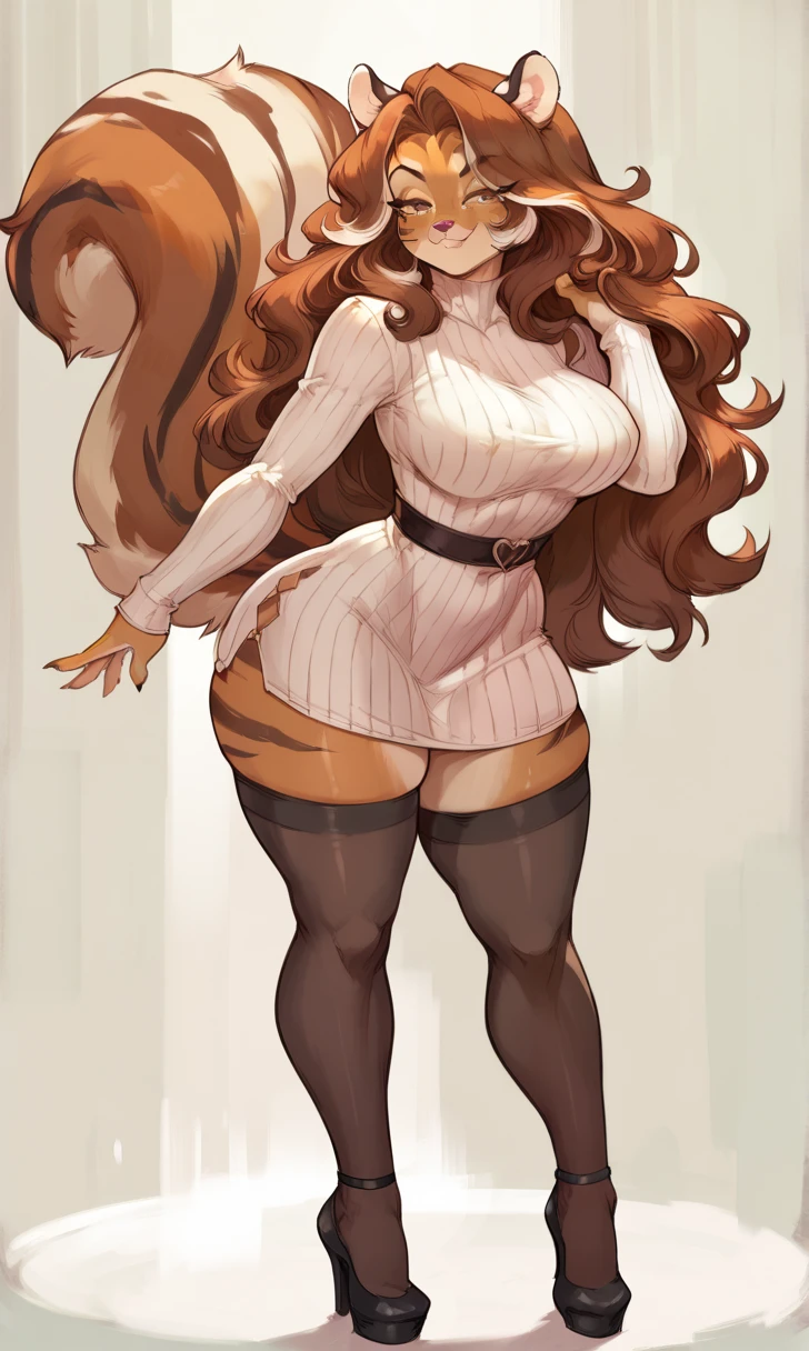 female anthro master tigress,Brown long fluffy hair, fluffy hair, squirrel ears, hyena, big breasts, attractive, knitted sweater hole dress , thicc body, thicc body, thicc, freckles, freckles on face, neutral expression, smug eyes, high heels, garter belt tights, she is sitting (thick thighs:1.5) (purple panties)
