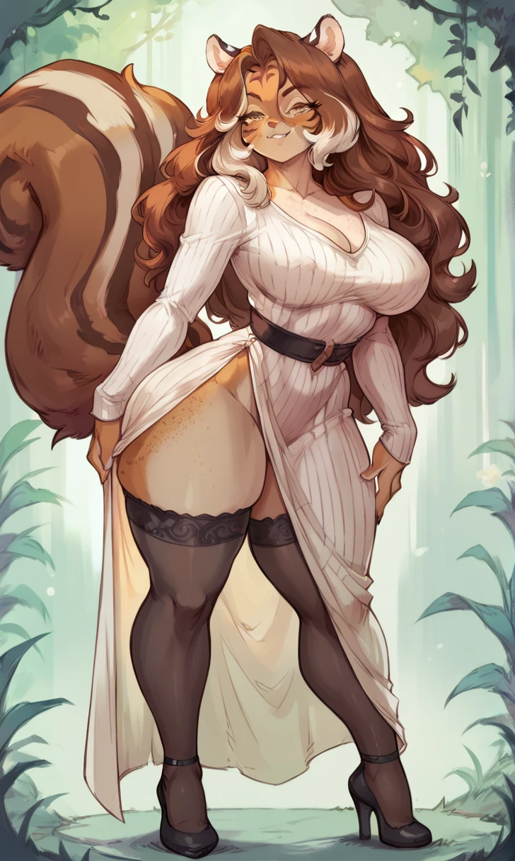 female anthro Snow leopard,Brown long fluffy hair, fluffy hair, squirrel ears, hyena, big breasts, attractive, bride dress, thicc body, thicc body, thicc, freckles, freckles on face, neutral expression, smug eyes, garter belt tights, high heels, she is standing (thick thighs:1.5)