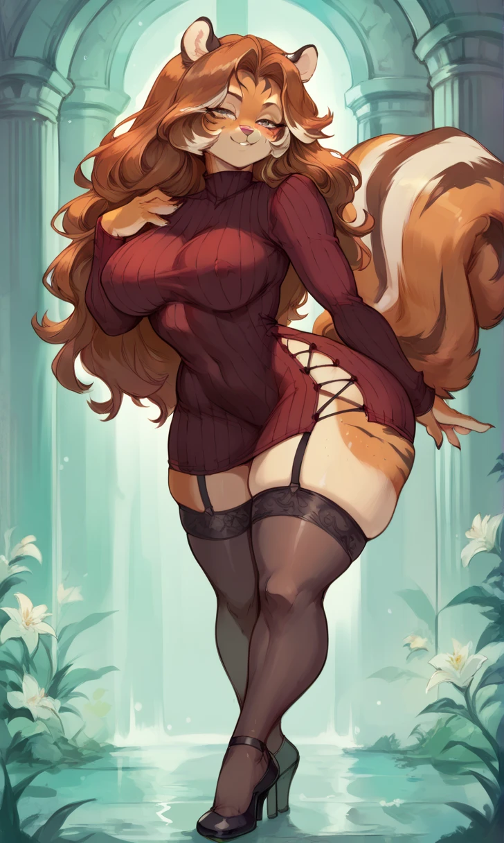 female anthro Snow leopard,Brown long fluffy hair, fluffy hair, squirrel ears, hyena, big breasts, attractive, turtleneck sweater, turtleneck, thicc body, black skirt, thicc body, thicc, freckles, freckles on face, neutral expression, smug eyes, high heels, garter belt tights, she is sitting on the table (thick thighs:1.5) 