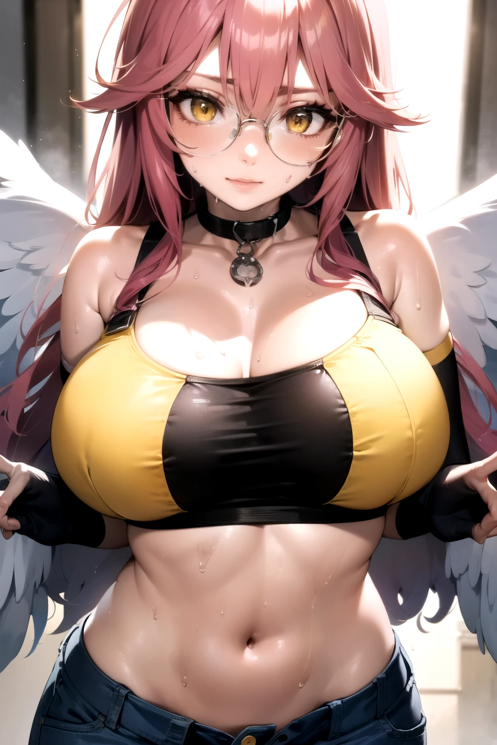 jibril, BREAK jibril, angel, angel wings, collar, animal ears, bird ears, compass rose halo, feathered wings, feathers, gradient hair, halo, long hair, low wings, multicolored hair, pink hair, symbol-shaped pupils, big breast, white wings, wing ears, wings, (yellow eyes:1.5), seductive look, seductive smile, Shiny skin, clothing. Big breast. Sexy, hot, attractive, alluring, narrow eyes. Voluptuous, curvy.
BREAK zoomed in, cropped face, (elbow gloves, black crop top, midriff, tank top, round glasses:1.3), (jeans, denim pants:1.1), (open pants:1.4), (her pants are slightly down:1.3). long sleeves, hot, breast tattoos, (sweat:1.7), (wet:1.2). (tattoos:1.1), voluptuous, curvy. armpits.
BREAK (masterpiece:1.2), best quality, high resolution, unity 8k wallpaper, (illustration:0.8), (beautiful detailed eyes:1.6), extremely detailed face, perfect lighting, extremely detailed CG, (perfect hands, perfect anatomy), narrow eyes.