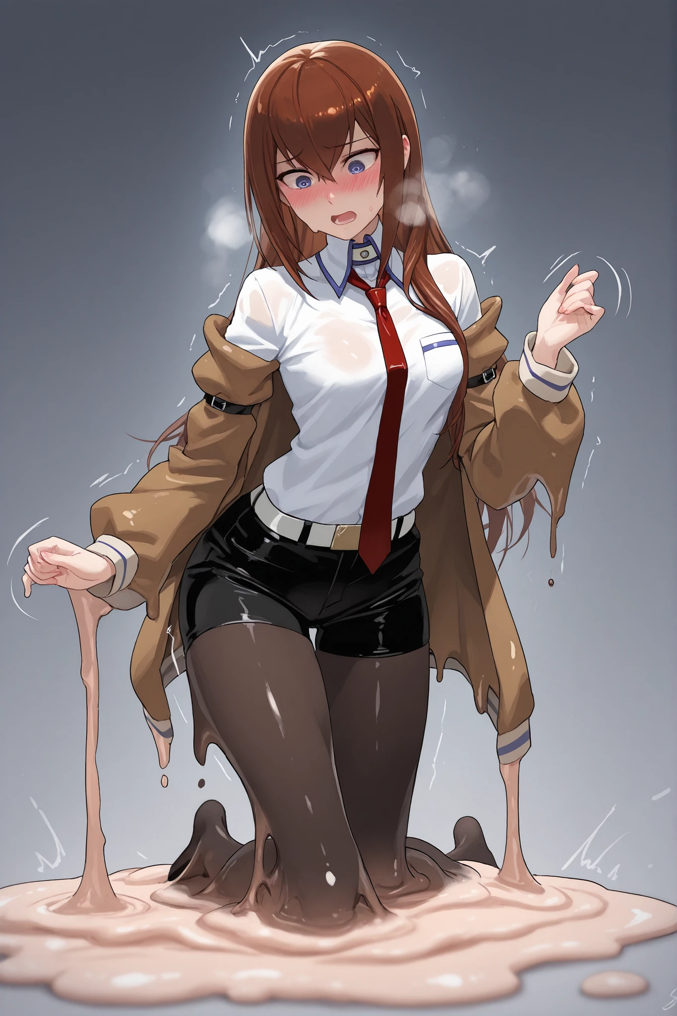 slimify transformation:1.5, adult Makise Kurisu, makise kurisu outfit, black pantyhose, red tie, slimify clothes:1.0, melting clothes, translucent transformation:1.0, full body slimify:1.0, melting:1.0, shuddering, (motion lines:1.2), slimegirl, melting, melting hair, melting clothes, blushing heavily, heavy breathing, 
amazing background, depth of field, volumetric lights, great angle shot, great pose, 