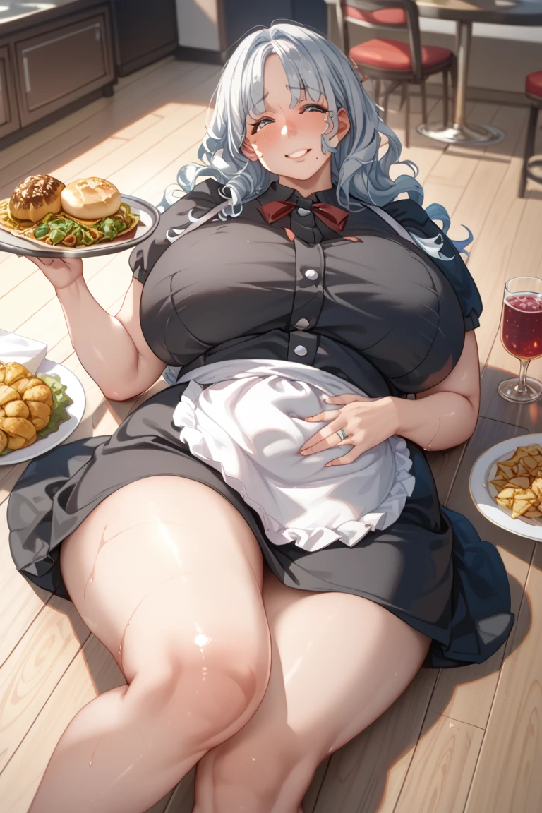 Fat, chubby, large belly, pregnant, obese, very fat, faruzan, big belly, very fat, large stomach, chubby (best quality, masterpiece), thanksgiving, wearing sweater, grabbing belly, sitting down, table with of food, table tons of food, lots of food, holding belly, table with food, sitting, wearing sweater, Christmas, Holiday, Christmas cookie, faruzan from genshin impact