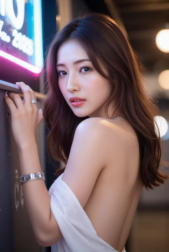 masterpiece, Highest quality, Realistic, Very detailed, Finer details, High resolution, 8k wallpaper, One beautiful woman, Great bar counter, At night, Light brown messy hair, Perfect dynamic composition, Beautiful and beautiful eyes、Big earrings、Body facing forward、Completely naked、