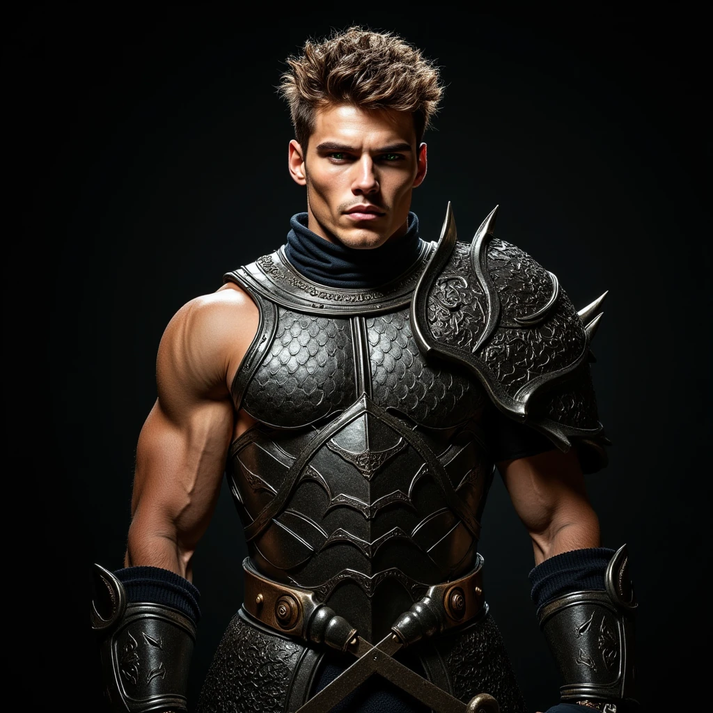 um homem, (((sozinho))), (extremamente musculoso, Corpo largo, shaved head), (He has red marks all over his body and head: 1.95), (His eyes are completely black as emptiness), (your skin is extremely pale), ele sorri de forma macabra, fechar para cima, medieval, detalhes ultra-detalhados, obra-prima, qualidade excepcional, perfect lighting, sombra perfeita, in a dark and mysterious setting, Batman of the Dark Knight is imposing in a lost gothic city. Moonlight highlights your muscles and scars. The scenery is lush and mysterious, com tecnologia futurista e arredores. The camera details everything, uma mulher guerreira, na frente dele, strong.