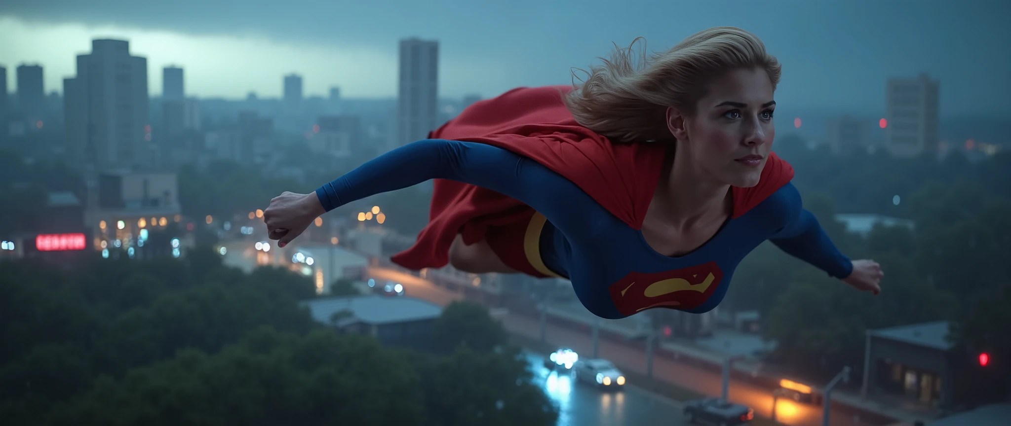 Supergirl seen from a distance, along, flying through the city in heavy rain;
