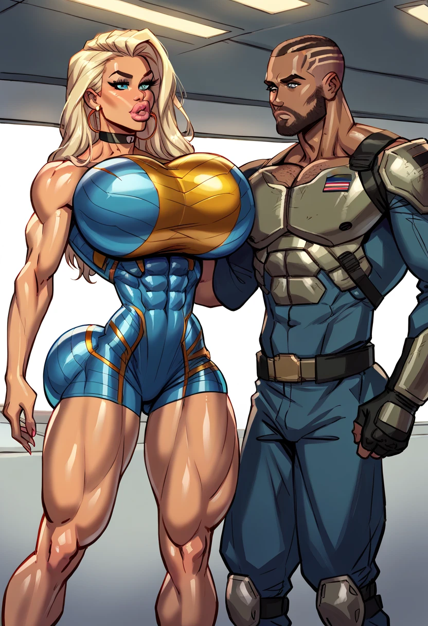 wavy silver hair that cascades to the middle of her back. Brown eyes. Slim and athletic build. She was wearing a skirt in shades of blue, a light blue shirt. He was wearing sports shoes. Very Busty. Comic style, marvel style