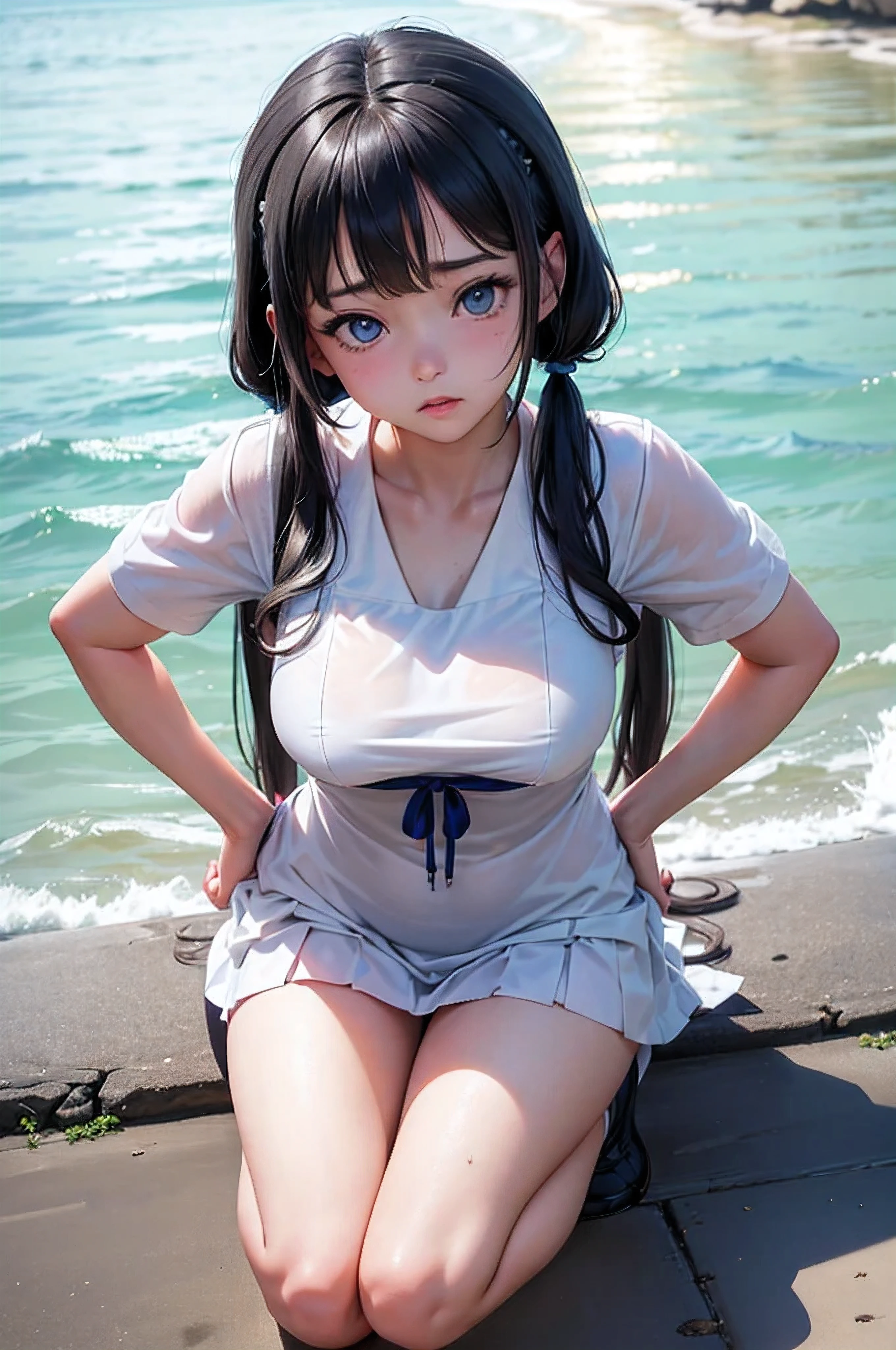 ((medium breast, 15 year old girl, small head)),  (make her hestia:1.5), daylight, sunlight, (perfect body : 1.1), (young), (short wavy hair:1.2), full body shot, (girl wearing school uniform:1.4, pleated skirt, button up shirt), ((school uniform)), (extremely detailed CG 8k wallpaper), (an extremely delicate and beautiful), (masterpiece), (best quality:1.0), (ultra highres:1.0),  beautiful lighting ,perfect lightning, realistic shadows, [highres], detailed skin, ultra-detailed, ((spread legs)),  (legs up), slim body) bent over, large earring, thighs, (beautiful long hair), twintails, fine collarbone, soft navel, soft midriff, soft back, angle from above, sweaty, beautiful breasts, blush, photorealistic, realistic face, realistic eyes, small eyes, smirk (((colorful))) (((cleavage))), (freckles), (eye liner), (mascara), ((thick white liquid on body)), ((very sweaty)), ((((high detailed skin)))), (body is dripping wet)) ((wet thighs)), ((spreading thighs)), ((((thick white liquid dripping from body)))), ((hands on thighs))