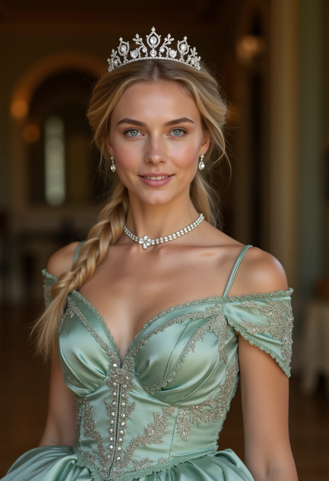 (Best Quality), (ultra-detailliert), (master piece), (hight resolution), 16K resolution, 1 woman, 20 years old, Candice Swanepoel, looking at viewer, close up shot, view from above, sassy smile, radiant smile, seductive, lustful facial expression, confident, tred satin dress, off shoulder dress, golden necklace, wide golden hip belt with golden buckle, belt fits snugly, light blue eyes, ((bright blue eyes)), blond hair, shoulder long hair, hands on hips, leans forward, (beautiful and detailed face), slender waist, knick hips, thin body, narrow shoulders, outside, german forest, oak forest, in the middle of the forest, misty mounatins in background, sunrise, sunshine