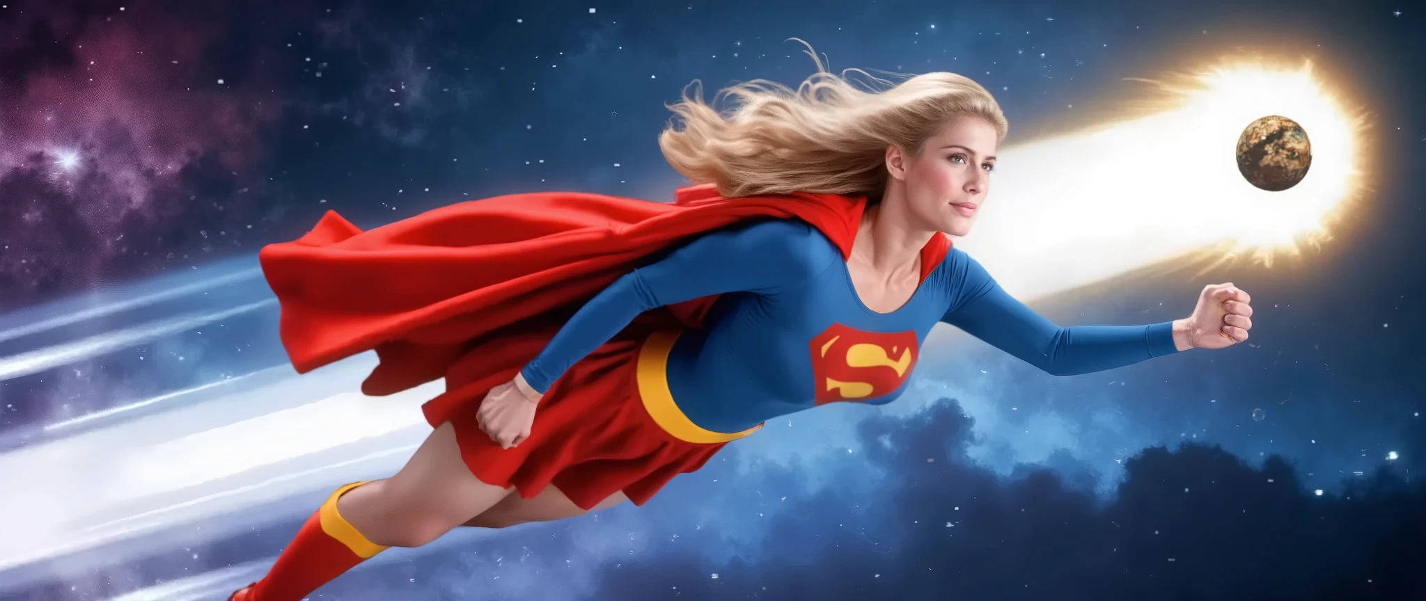 A powerful Supergirl flying at super speed, with hair in the wind and determined expression, chasing a large bright comet that is rapidly approaching the Earth. The setting is a cosmic sky filled with stars and nebulas, conveying a sense of action and adventure as it approaches the planet at high speed
