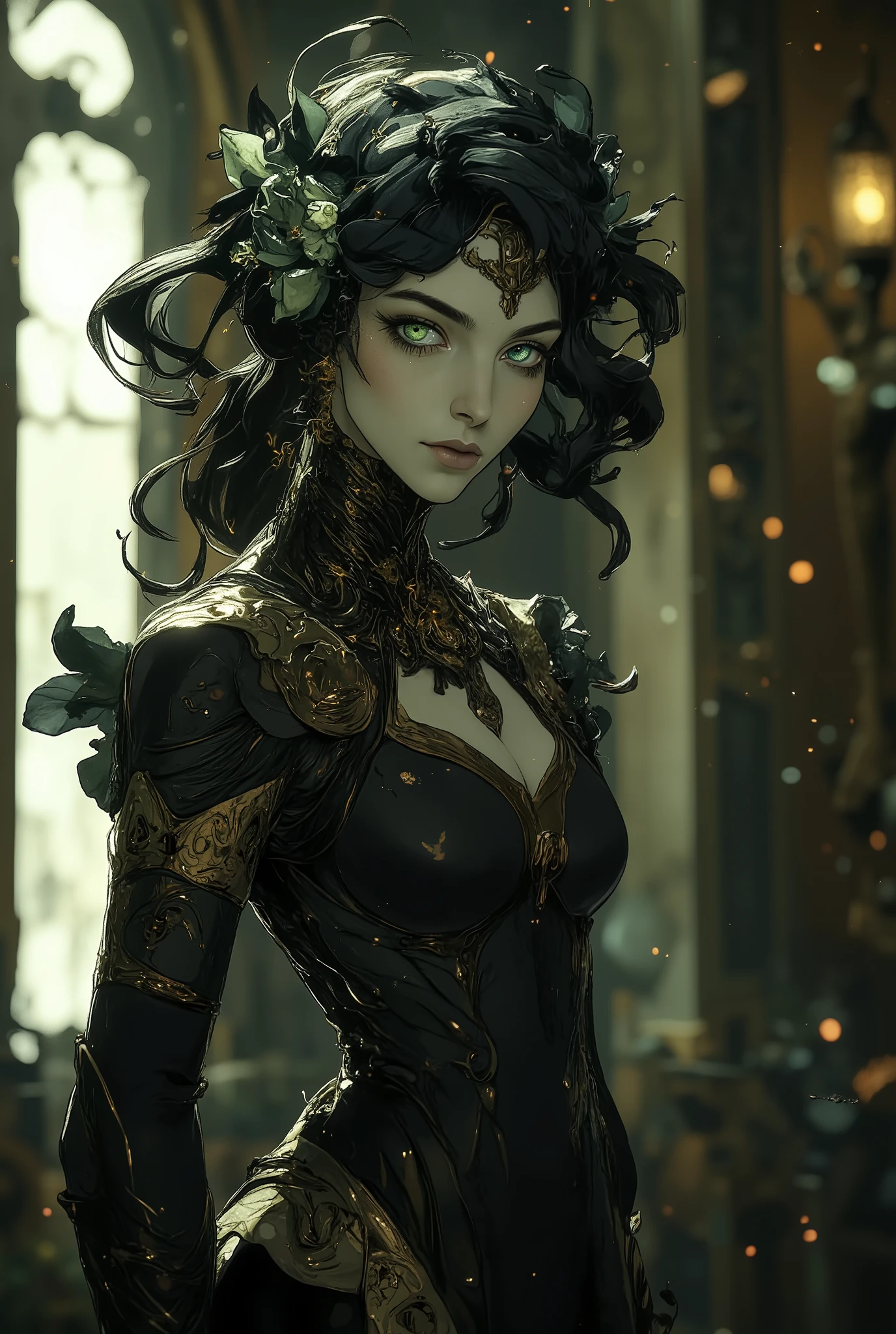 Fragile Elegance: Lilly’s ethereal beauty is mesmerizing, her slender frame, willowy build and graceful movements reminiscent of moonlight and mist. Her skin is ghostly pale, akin to fine porcelain, accentuated by raven-black hair that cascades down her back like silk. Her large, luminous eyes, a striking shade of vibrant green, burn with an inner fire, revealing a stubborn spirit. Her demeanor is aloof, yet her sharp intellect and unwavering spirit burn in eyes.
Black Attire & Hidden Scars: Lilly’s wardrobe is impeccably tailored, favoring high-necked, long-sleeved gowns in shades of black. Underneath, a network of thin, silvery scars reveals the scars from healing tries, carefully concealed from view.