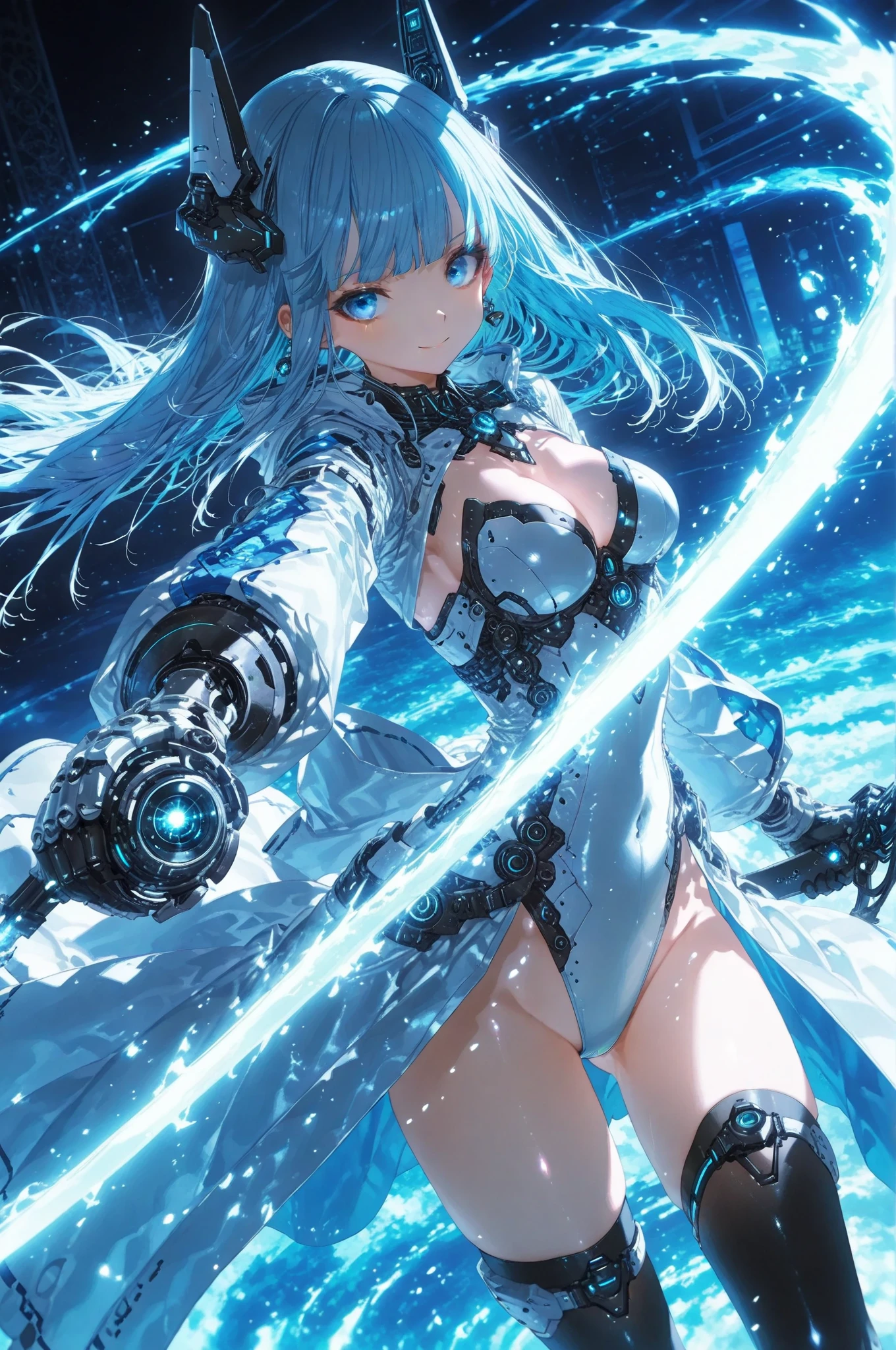 8k, highest quality, (real:1.4), Original photo, 1 girl, Asari Hair, Biological Amplifier, refined armor, posture: Peace talks between warring factions, smart blue eyes,A modest smile、Knee-high boots、Blue big moon and blue light swirl in the background、Blue light from behind、blue light magic