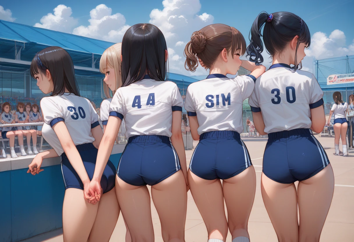 Texture CG, ((Ultra Detail Art)), ((master piece)), (extremely details CG),Multiple girls,3girls,group picture,nsfw,cheerleaders,cheerleading poses,dynamic poses,(gals,gyaru),((((blue cheerleader unifrom))),skirt ,(((pleated micro skirt))),underboobs ,medium breasts, beautiful legs,(panties aside,pussy,vagina,pussy slip),wind lift,(from behind:1.2),(from below:1.3),((string panties),(thin blue panties)), long hair, blonde hair, brown hair, pink hair, silver hair,ponytail hair,Curve, Beautiful detailed eyes , gleaming skin, bracelet, ,hair ornament, hairclip, jewelry, open mouth ,light smile, embarrassed:1.4,outsides ,clear sky, in summer ,windy ,garden,