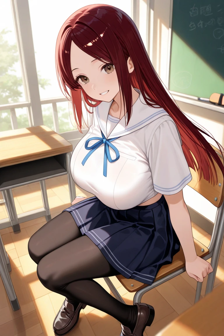 (masterpiece:1.5, highest quality), Beautiful illustrations, whole body, 1 girl, Japanese, high school girl, ((Semi-long hair:0.5)), Large Breasts:0.8, Beautiful Hair, Beautiful Face, Beautiful fine black eyes, Beautiful clavicle, Beautiful body, Beautiful breasts, Beautiful thighs, Beautiful feet, Beautiful fingers, (Beautiful views), In town, ((school uniform)), Red Hair, Cleavage, ((Collared shirt, White shirt, Grey plaid pleated skirt, Blue Derby Tie, Navy blazer))