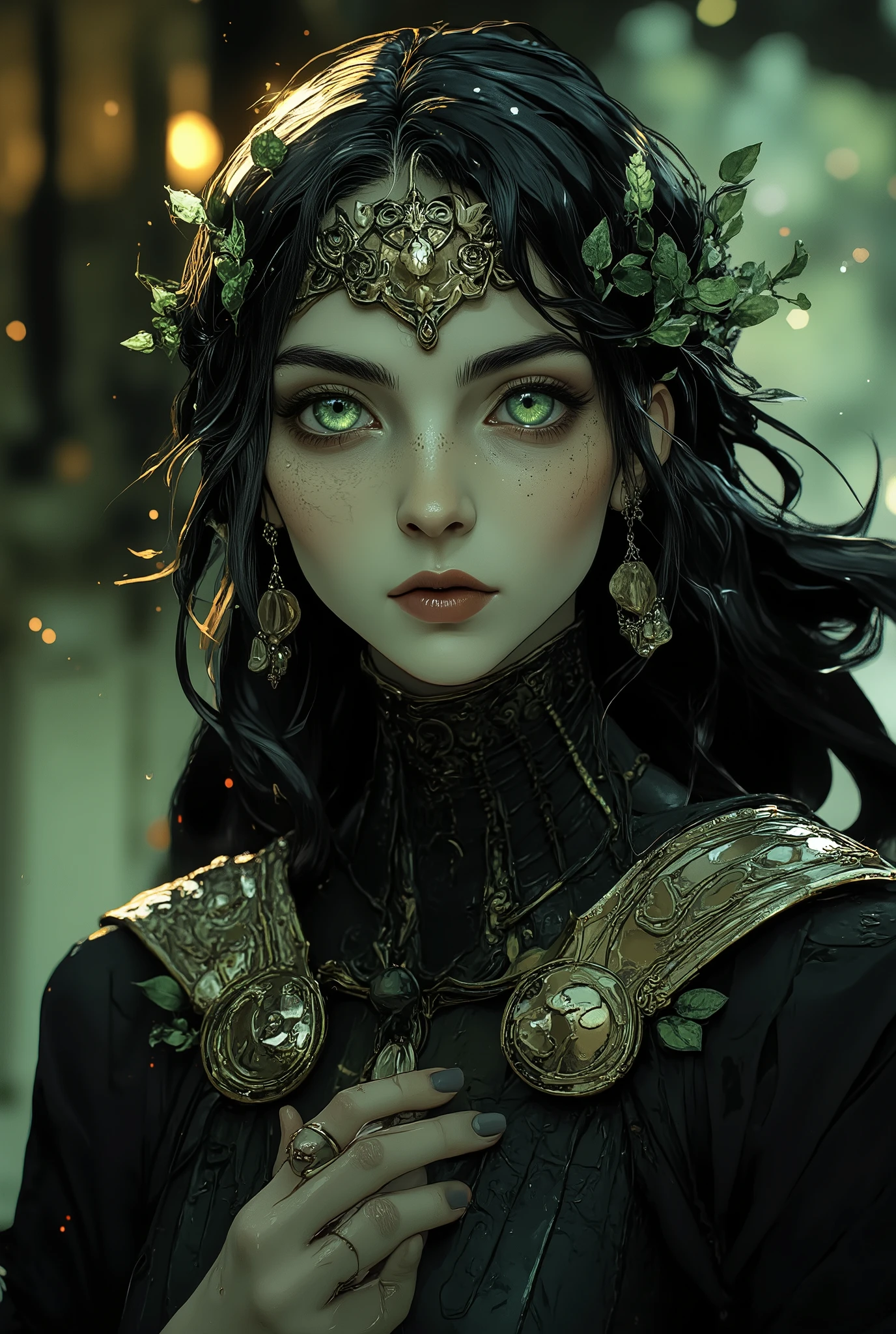 Fragile Elegance: Lilly’s ethereal beauty is mesmerizing, her slender frame, willowy build and graceful movements reminiscent of moonlight and mist. Her skin is ghostly pale, akin to fine porcelain, accentuated by raven-black hair that cascades down her back like silk. Her large, luminous eyes, a striking shade of vibrant green, burn with an inner fire, revealing a stubborn spirit. Her demeanor is aloof, yet her sharp intellect and unwavering spirit burn in eyes.
Black Attire & Hidden Scars: Lilly’s wardrobe is impeccably tailored, favoring high-necked, long-sleeved gowns in shades of black. Underneath, a network of thin, silvery scars reveals the scars from healing tries, carefully concealed from view.