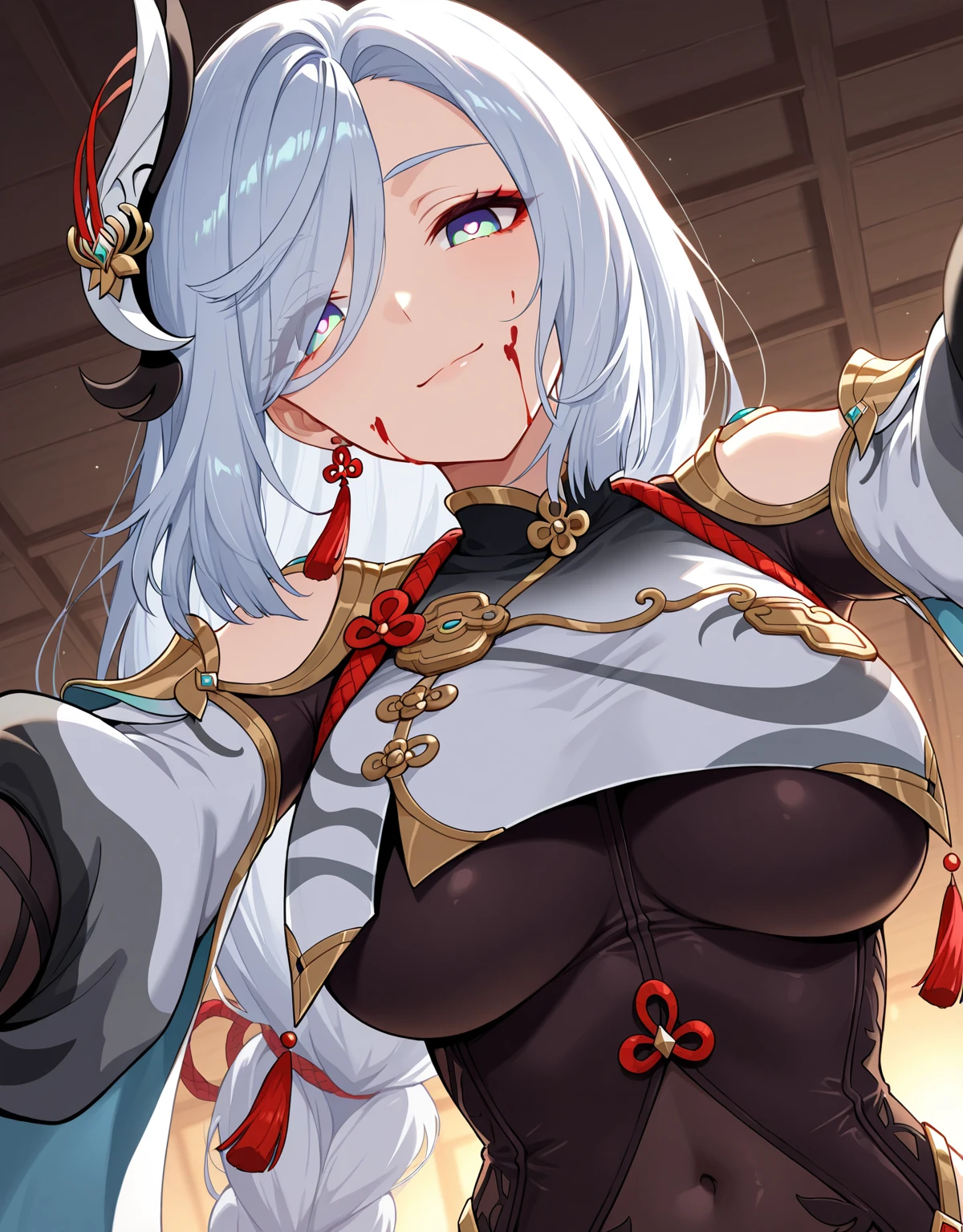 Highest quality,masterpiece,unity 8k wallpaper,Very detailed,Detailed light, Best Shadow,Very detailedな肌,Beautiful attention to detail,Very detailedな顔,Detailed reflective eyes,Shiny Hair,Shining Eyes,(1 girl:1.2),woman,Gloss,thin,White gloves,Silver Hair,(Wolf Cut Hair:1.2),Blue eyes,clavicle,Cleavage,Big Breasts,Charm,Animal ears,White Tail,Ahoge,Silver Hair,(White eyelashes:1.2),White eyebrows,blush,embarrassed,layered bikini,(whole body:1.2),claw pose,(Intimidation:1.2),