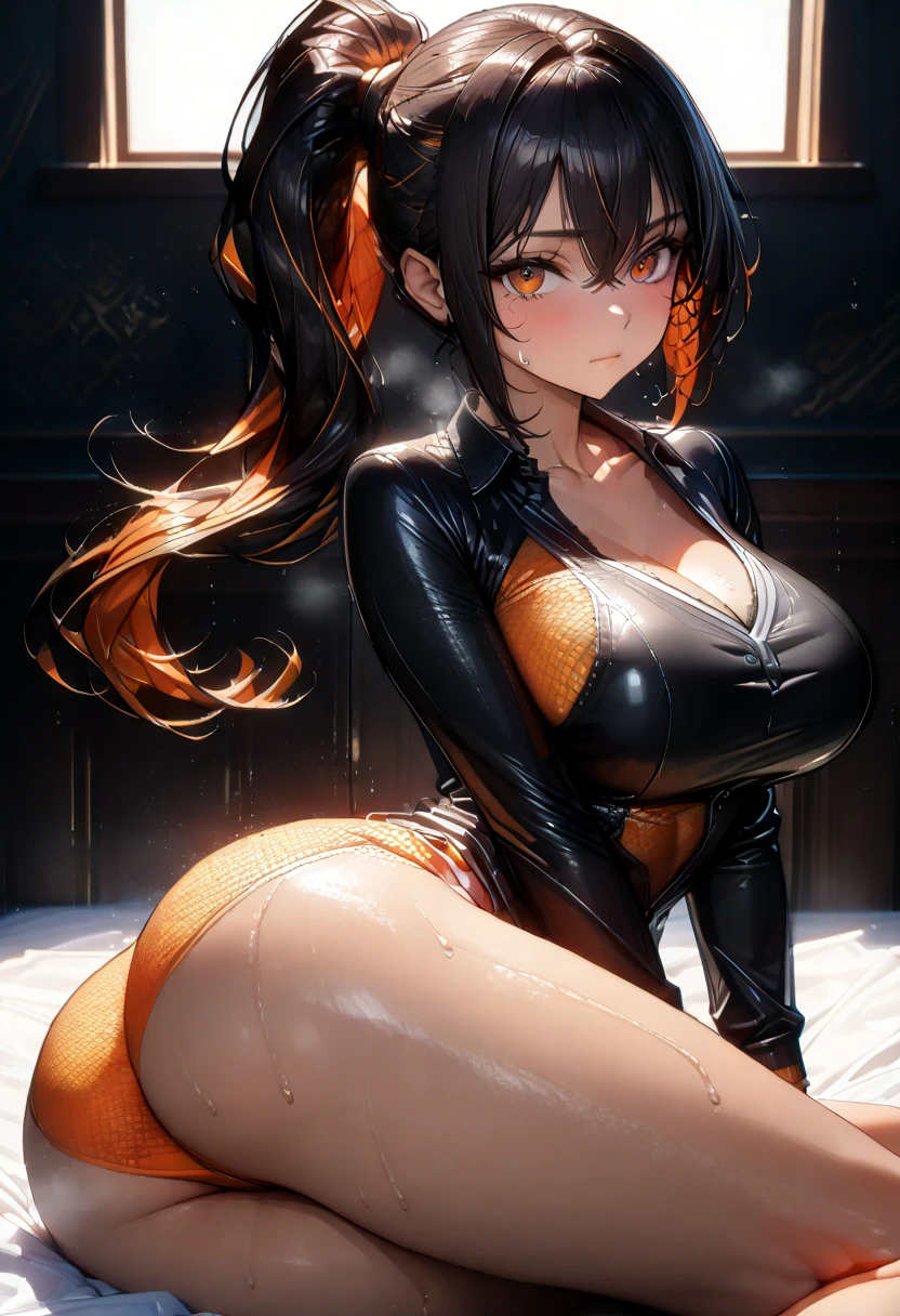 Foxgirl, fox tail, (neon lighting:1.2), (centered in frame), highly detailed, 8k wallpaper, (detailed face and eyes:1.4), (detailed hair:1.3), (warm lighting:1.5), full body view, (huge breasts:1.2), puffy nipples.