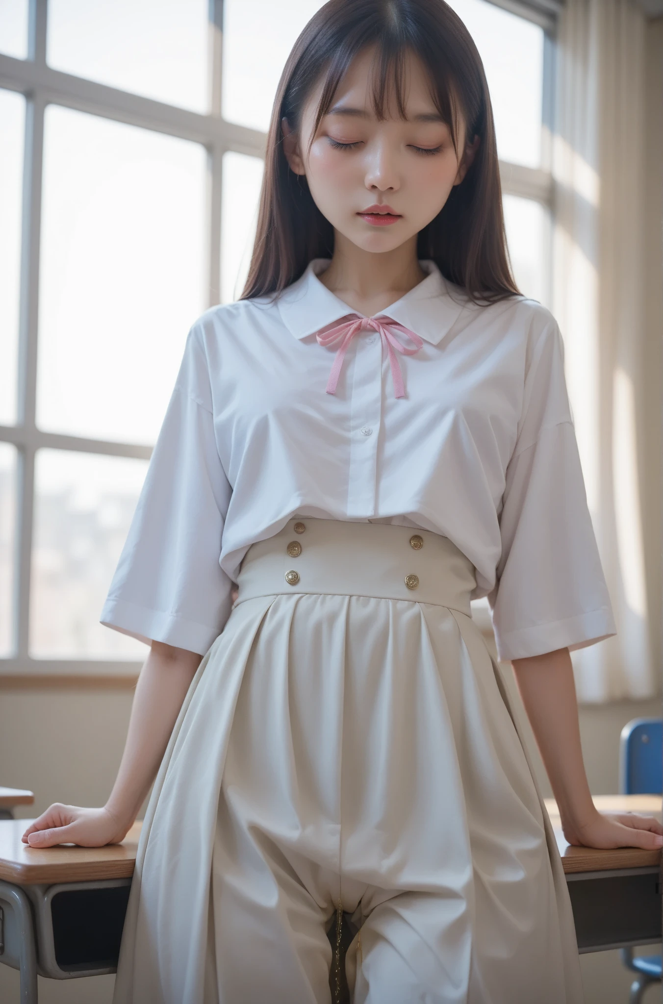 master piece , best quality , detailed , blouse , skirt , sitting , (from front) , bed room , indoor