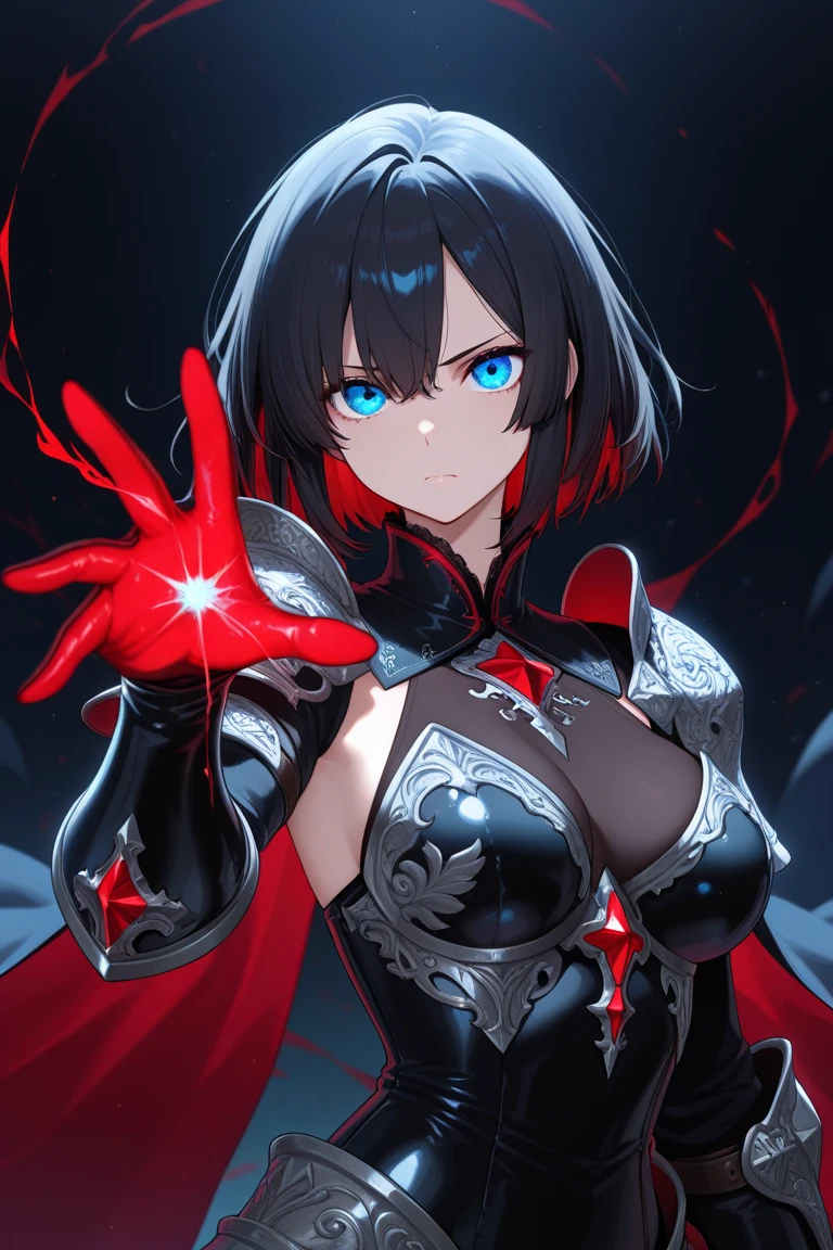 (One Woman),(Best image quality, 32K, masterpiece:1.3),((Black hair bob cut:1.1)),(Swept-apart bangs,Braiding), (Cute eyes, Dark Eyes), (Detailed eyes),(Mole under right eye), (Standard weight), (Glowing Skin:1.1),(Pale skin:1.2),(A fantastic atmosphere),(look up),Ultra-high resolution, Textured skin, Sparkle Effect, adult,
Dark Knight,Black Armor,Black devil helmet,
Black Great Sword,
Red-black sky,Black Earth,