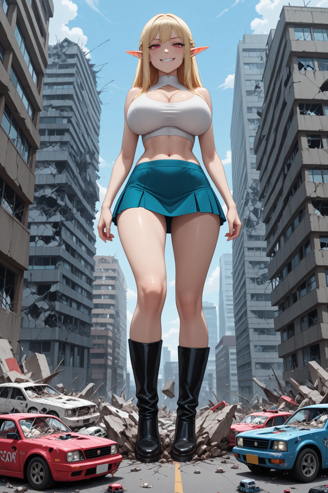 multiple girls, giantess art, highly detailed giantess shot, giantess, most detailed, perfect face, two legs, five fingers, short hair, beautiful girl bigger than a skyscraper, wearing rimless glasses, smiling, huge breasts, swimsuit, bikini underboob, navel, stiletto heels, under heavy attack, very small metropolis, miniature metropolis, full body depiction, GTS, giga giant, trampling city, crush city, tiny city, micro city, high resolution, best quality, masterpiece,