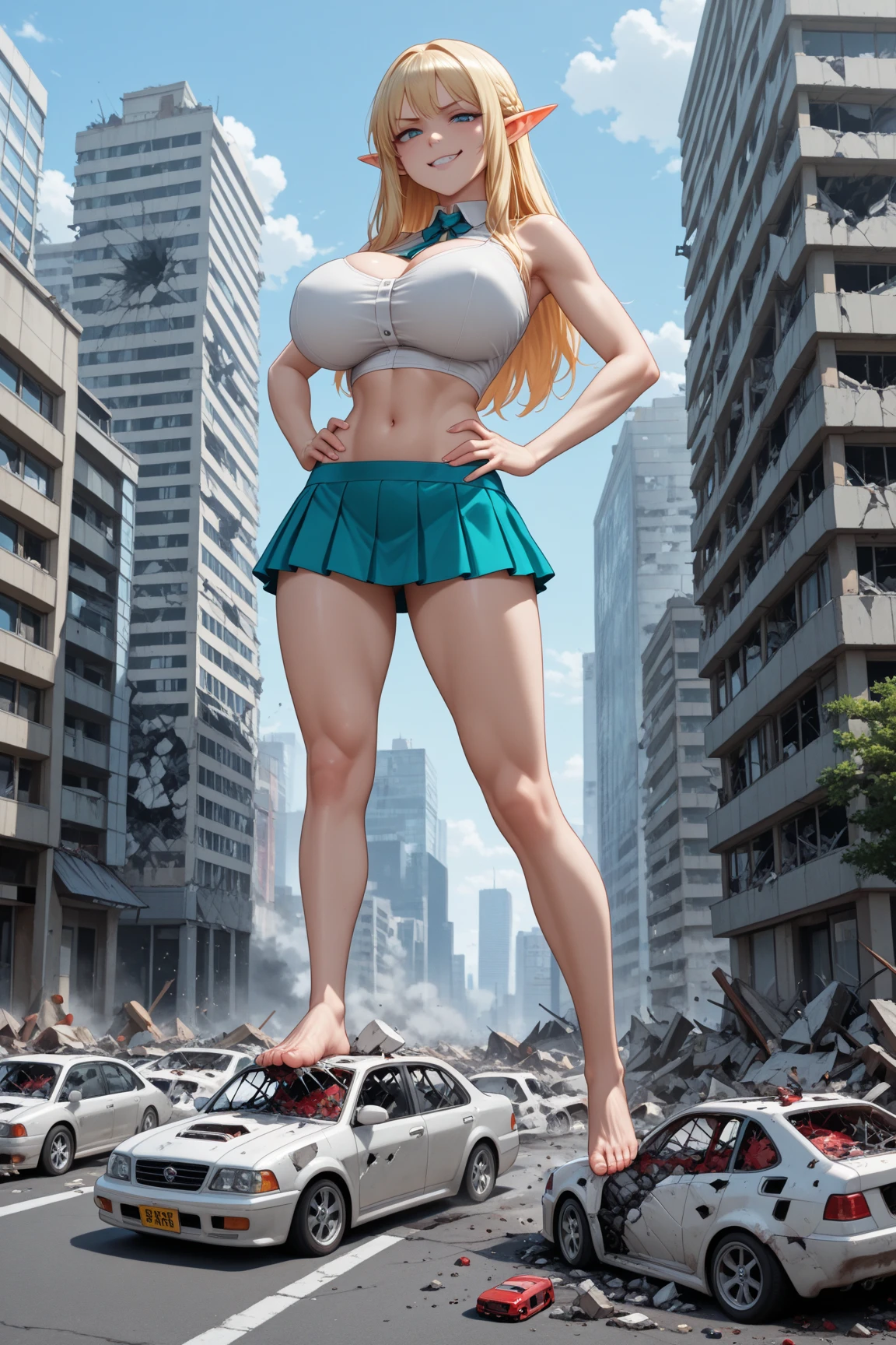 Giantess, long sexy legs, yellow hair, bikini,lying on top of destroyed buildings, city at her feet burns in flames for the destruction she has caused, tiny people climb on her body to try to defeat her uselessly. Giantess, goddess, macrophilia, curvaceous body, hentai, fetish, sexy legs, bikini, high heels, high quality, tiny people, people climbing body, giantess body, small people
