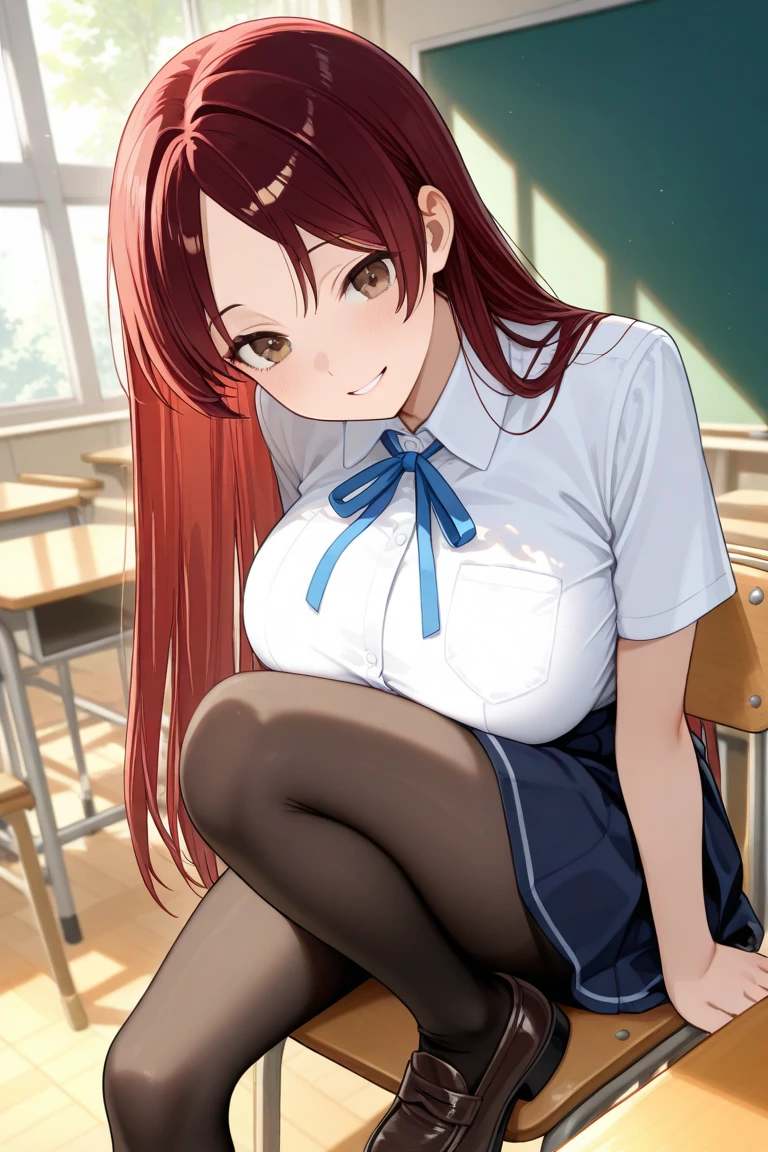highest quality,masterpiece,8k,((((1girl)))),((big breasts:1.3)),orgasm,blush,sweat,takamachi nanoha,((school uniform)),((long hair,straight hair:1.3)),((white shirt,blue skirt,mini skirt,lift skirt,upskirt,white thighhighs,white panties:1.1))