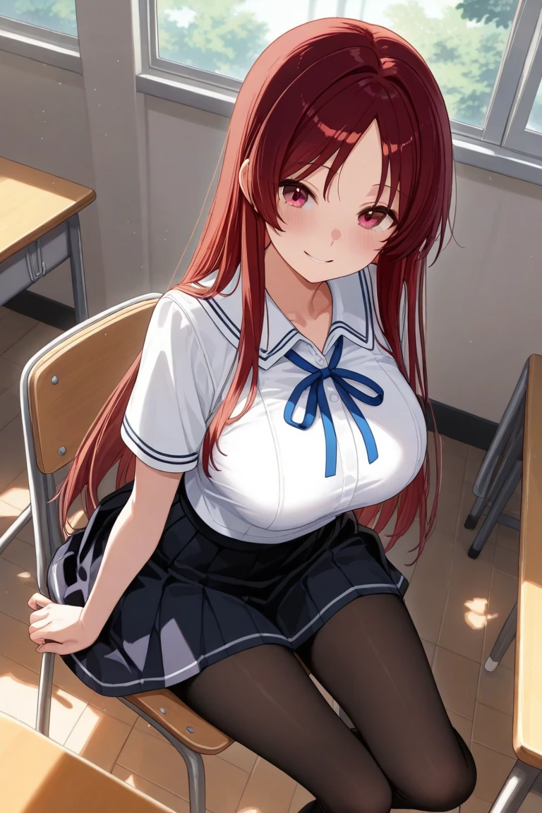 (Masterpiece:1.2, high quality:1.2), (solo:1.2), (1girl:1.2), (pixiv:1.4), (Rias gremory), indifferent, (glare:0.8), crimson red hair, wavy long hair, sharp bangs, crystal green eyes, (detailed eyes), double eyelids, black eyeshadow, long eyelashes, pale pink lips, beautiful face, detailed face, plunging neckline, collarbone, pixie cut cleavage, (beautiful round breats:1.2), school uniform, unbuttoned shirt, pleated skirt, pantyhose, (pov from below), stockings, thighs, sitting on desk, dynamic lighting, (window), windowsill, sunny day, blue sky, ((detailed face)), ultra-detailed, intrinsic details, vivid colors, natural beauty, aesthetic indoors, classroom background, HD, 4k, (highres:1.5), professional photography, blurry background, sharp focus