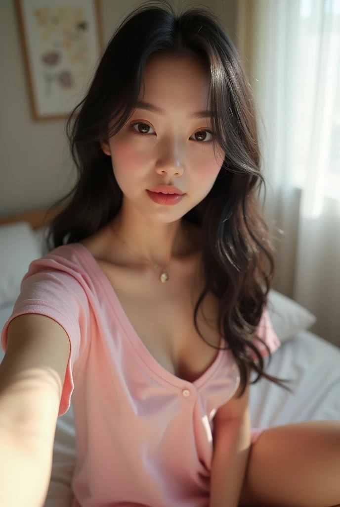 araffe woman laying in bed with pink shirt and white pillow, posing in bed, laying in bed, on my bed, on the bed, laying back on the bed, lying in bed, sexy look at the camera, laying on a bed, lying at the bed, bedroom eyes, while posing in the same bed, smooth pink skin, posing in a bedroom