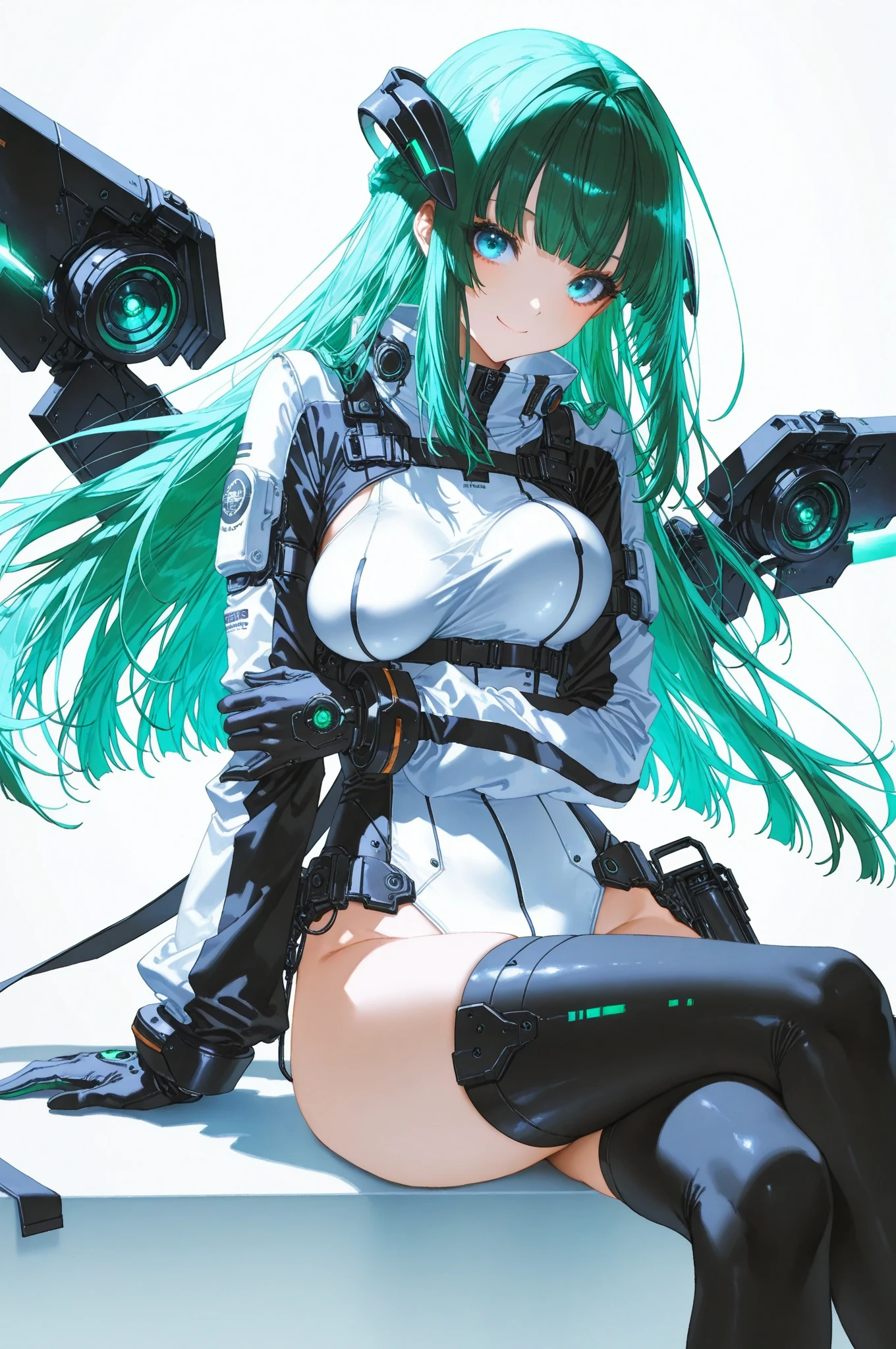 (Masterpiece, Top Quality, Best Quality, Official Art, Beautiful Indulgence: 1.2), (1 Girl: 1.3), Very Detailed, Colorful, Supreme Detail ((Ultra Detailed)), (Highly Detailed CG Illustration), (Very Delicate and Beautiful)), (From the Side), Cinematic Light, (1 Machine Girl)), Solo, Full Body, (Mechanical Joints: 1.2), ((Mechanical limbs)), (Blood vessels connected to tubes), ( Mechanical vertebrae attached to the back), ((Mechanical cervical vertebrae attached to the neck)), (sitting), expressionless, (wires and cables attached to the neck: 1.2), (Head wires and cables: 1.2) (Character focus), Science fiction, white background, (Blood: 1.5), Sharp Focus, (Beautiful gorgeous cute Korean woman: 1.3), ( Beautiful cute Korean woman:1.3), Korean beauty, delicate and beautiful hair and eyes and face, Realistic, super detailed, Beautiful girl, Glow white particles, (Side light:1.2), Colossal,Huge breasts, Long straight hair, sexy look, dynamic hair, detailed platinum mint green hair, glowing blue eyes, bun hair