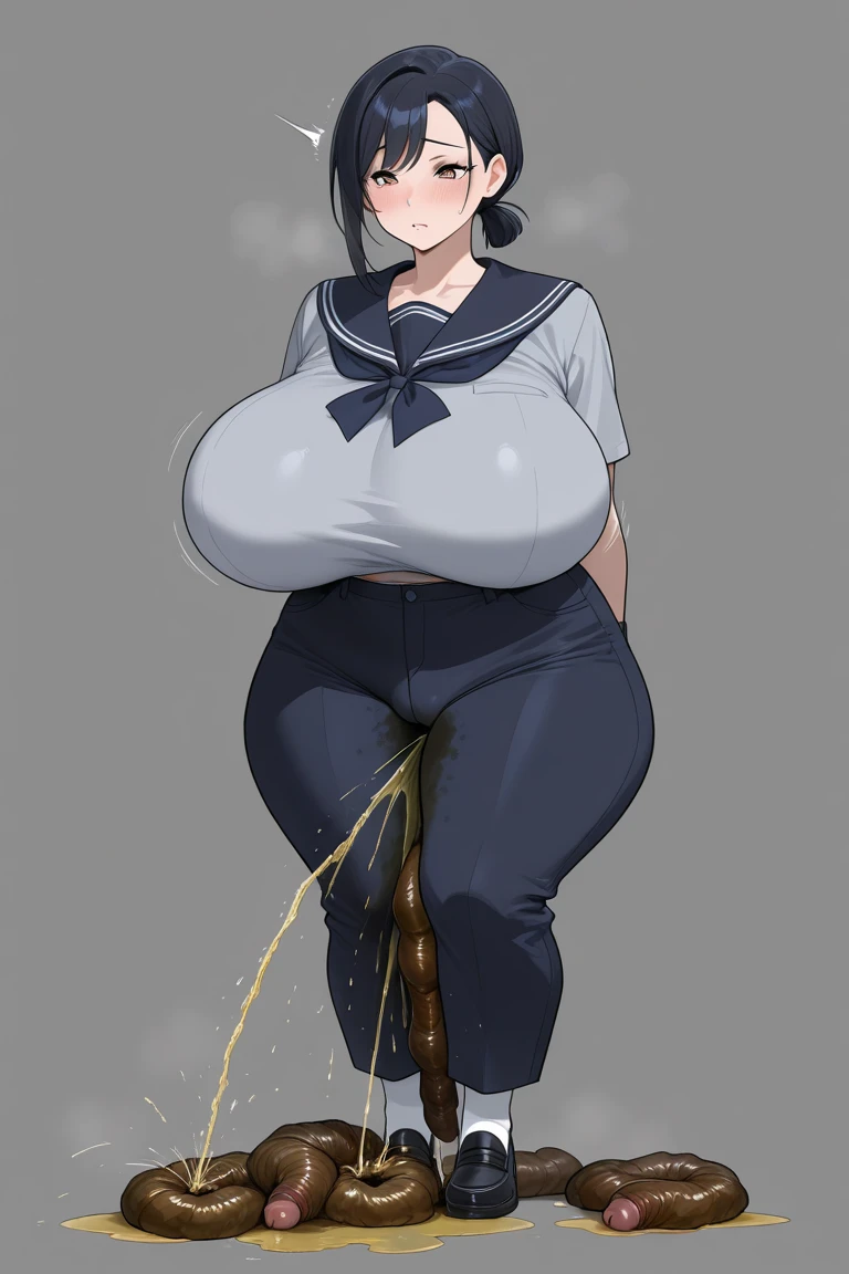 masterpiece, best quality, 1girl,red eyes,smile, simple background, black hair,super gigantic breasts,dripping breast lactation, thick thighs, wide hips, , serafuku, smile, pleated skirt, kneeling, from side, long hair, twintails, black ribbon. bubble butt, tight skirt, bare feet