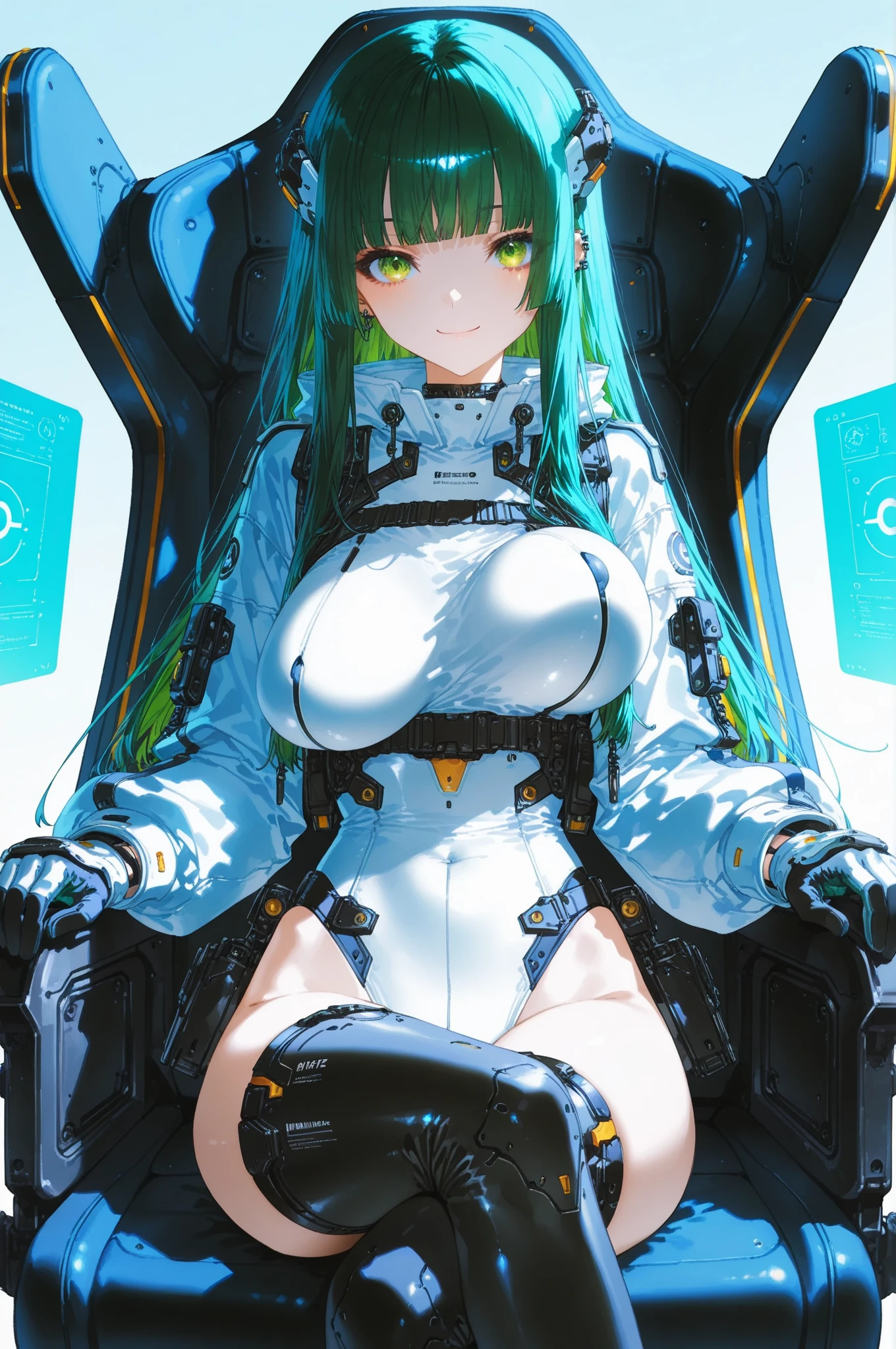 ((inside spaceship)), abstract beauty, approaching perfection, delicate face, dynamic, moonlight, highly detailed, digital painting, artstation, concept art, smooth, sharp focus, illustration, green hair, huge breast, wearing headphones, fat ass, cleavage cutout, breast cutout, exposed breasts, upper body, Her piercing blue eyes locked onto the viewer, revealing her voluptuous figure clad in a tiny astronaut custume that hugged every curve