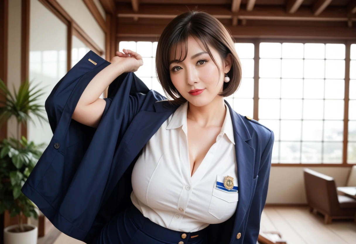 (table top:1.4), High resolution,(high quality:1.4),(45 year old female:1.4),(facial wrinkles:1.4),beautiful woman,(JAL Uniforms、Cabin attendant:1.4), plump sleeves,big breasts,navy blue uniform、evening hairstyle、