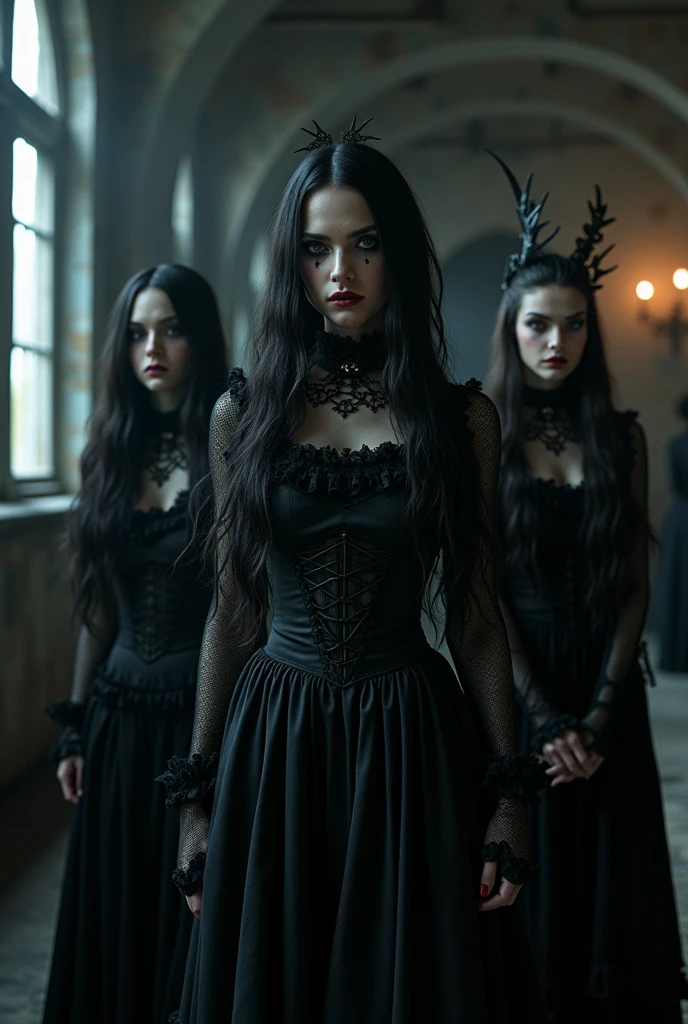 beautiful group of 20 personil woman dutch wearing gothic costume focus on face