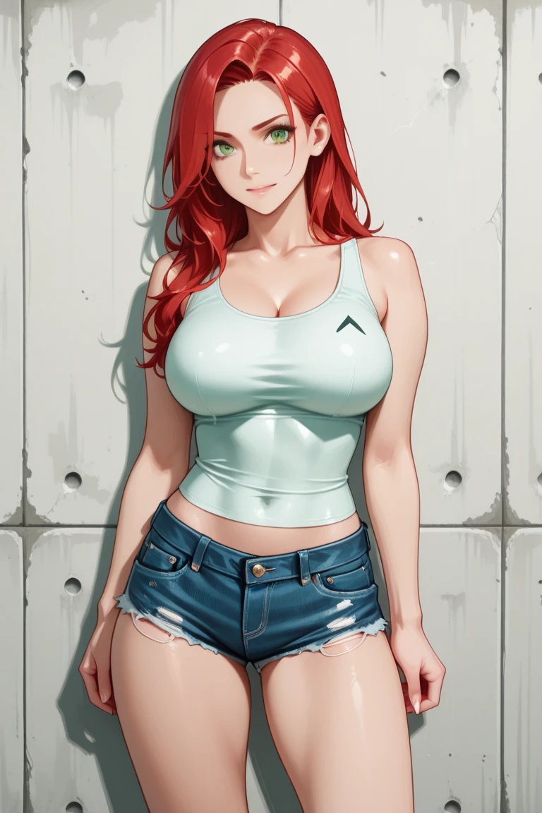 , masterpiece, bestquality, 1girls, oversized breasts, bara, crop top, shorts jeans, choker, (visible thong straps:1.5), color splashes, arm behind back, against wall, looking at the audience, bracelet, Thigh strap, Paint on the body......................................., Head tilt, bored, dark red hair with black roots, water eyes,deetailed eye makeup, shiny skin, navel piercing, wendygf,