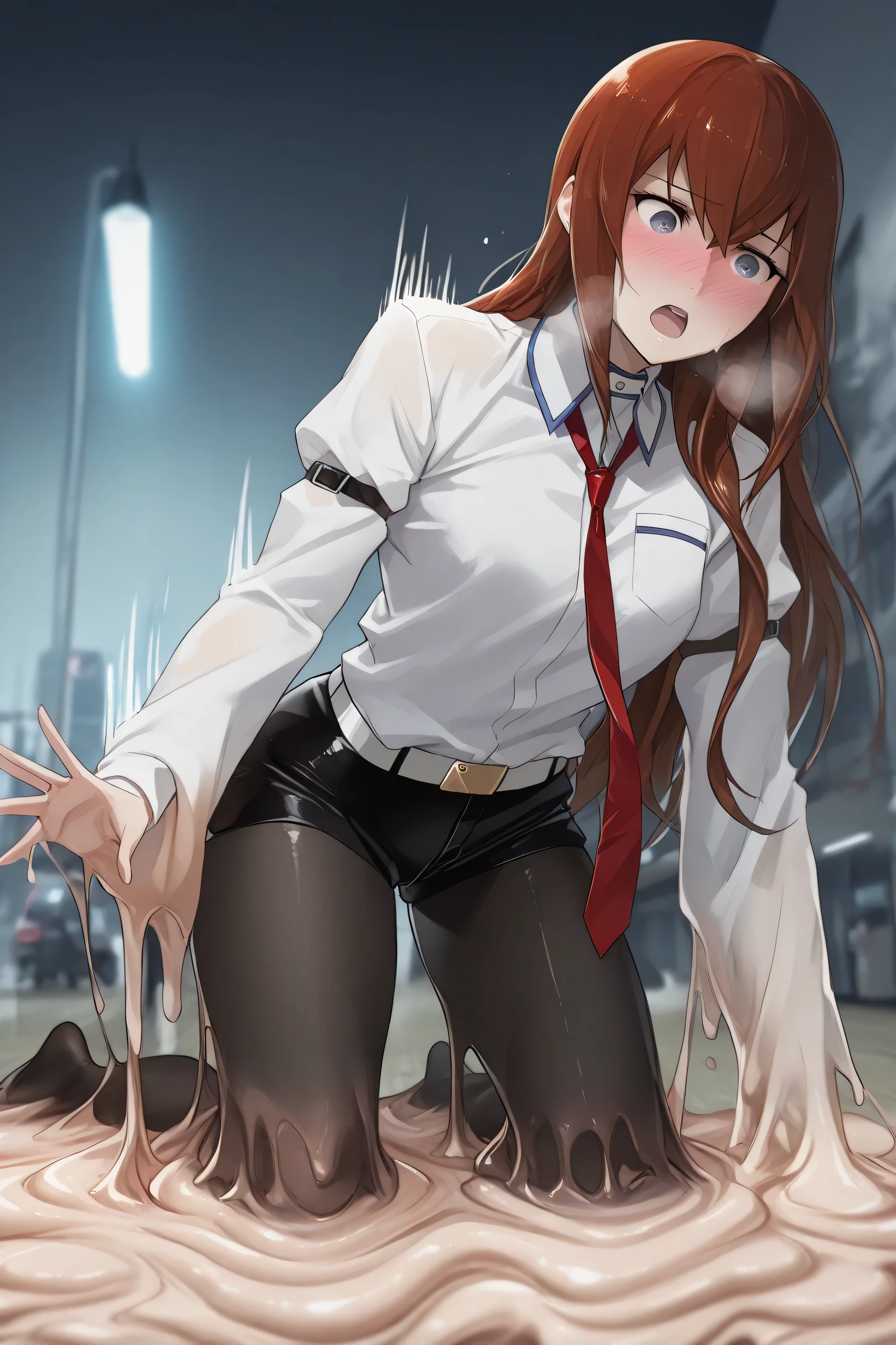 slimify transformation:1.5, adult Makise Kurisu, makise kurisu outfit, black pantyhose, red tie, slimify clothes:1.0, melting clothes, translucent transformation:1.0, full body slimify:1.0, melting:1.0, shuddering, (motion lines:1.2), slimegirl, melting, melting hair, melting clothes, blushing heavily, heavy breathing,
amazing background, depth of field, volumetric lights, great angle shot, great pose,