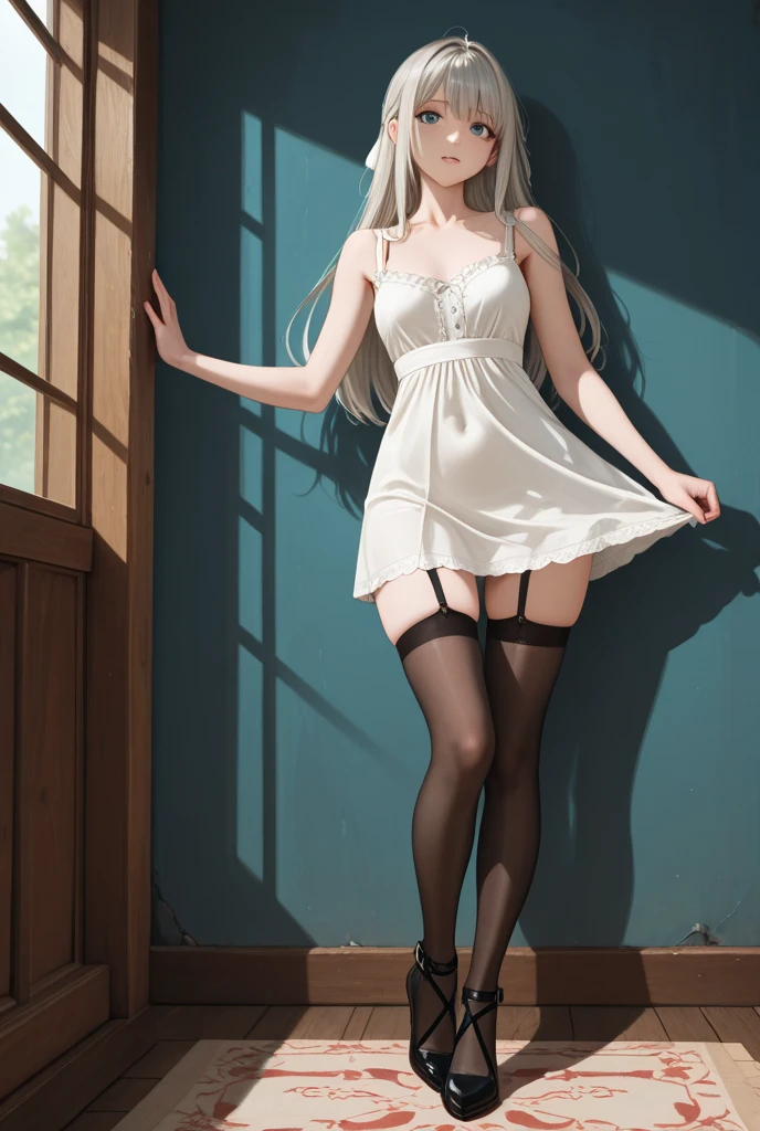 A woman wearing a white backless dress，He wears black stockings on his legs，Exposing the abdomen，The figure is good，The is very detailed，[ 4K realism ]!!, [ 4K realism ]!!!, [ 4K digital art ]!!, Realistic shadow perfect body, realisticlying!!!!!!! art-style, photorealistic anime, by Shitao, Popular topics on cgstation, Casual pose, realistic anime 3D style