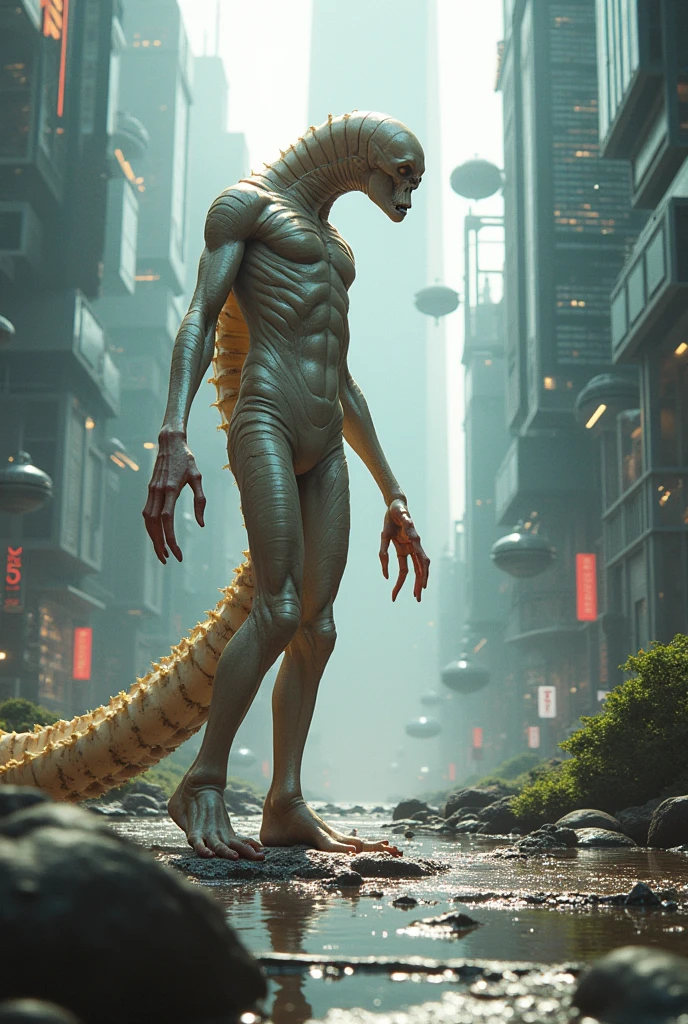 （cowboy lens），(Translucent empty alien monster: 1.5)，（semi-transparent: 1.9），Another dimension, creator of the universe,Walking on empty streets,Magic strong ancient surrounding,8K分辨率, intricate details, depth of field, ruined modern city