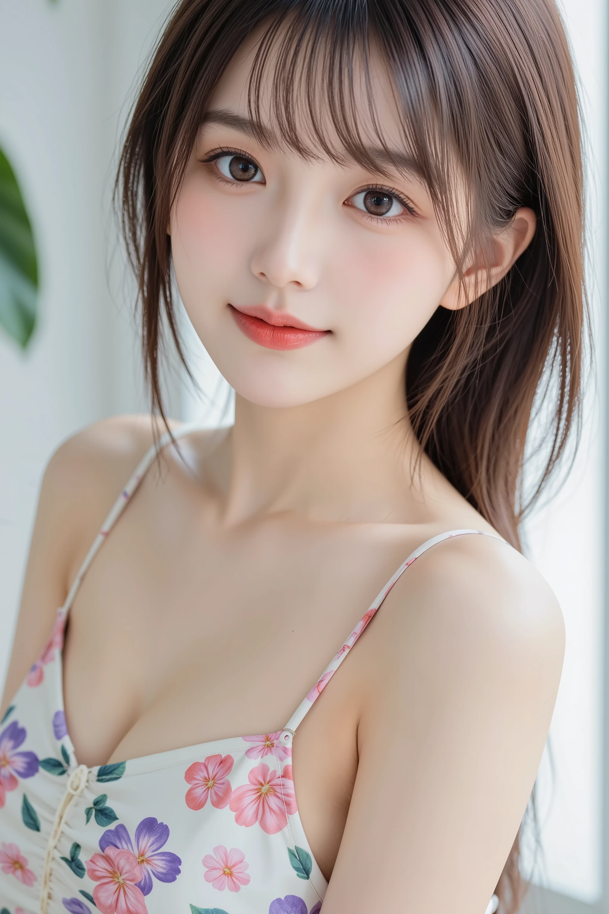 (Highest quality, 32k, High resolution, Masterpiece:1.5, ), marimo_jet, god々A photograph with brilliant dazzling and healing power., Evoking a sense of calm and elusive beauty, Expressing emotions, Have a rich imagination,Beautiful Japanese Girls, ((Low - Angle:1.3)), An exceptionally beautiful face, Small Face Beauty, Perfect Human Anatomy, Magical big eyes, Motherhood and generosity, Deep Love, fleeting smile, Shiny black hair, ponytail, Asymmetrical bangs, Hair between the eyes, Transparent, soft white skin, Sharp eyebrows, Thin lashes, Natural Makeup, Cheek highlighter, Pale pink detailed lips, , ((Pastel patterned bikini:1.2)), High resolutionの完璧な鎖骨, High resolutionの美しい胸元, Slim figure with ample breasts, High resolutionの美しい太もも, ((In front of a red cedar wall:1.3)), Professional Lighting, Professional photographer, Professional models, god秘的