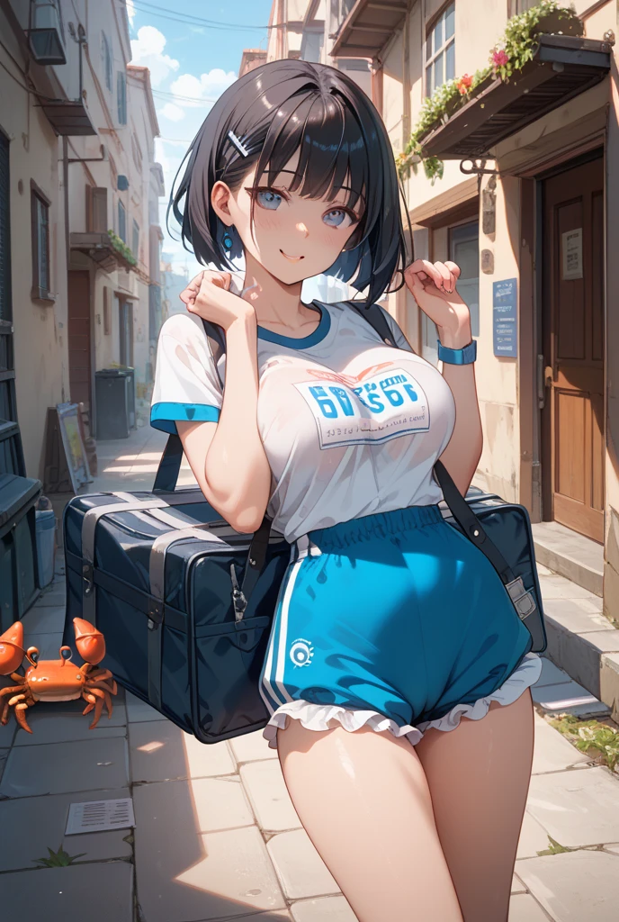 , mochila grande, seios pequenos, bunda grande, thick body, thick coxa, short bob hair, tenis cano alto branco, meia grande, andando abobalhada e divertidamente

