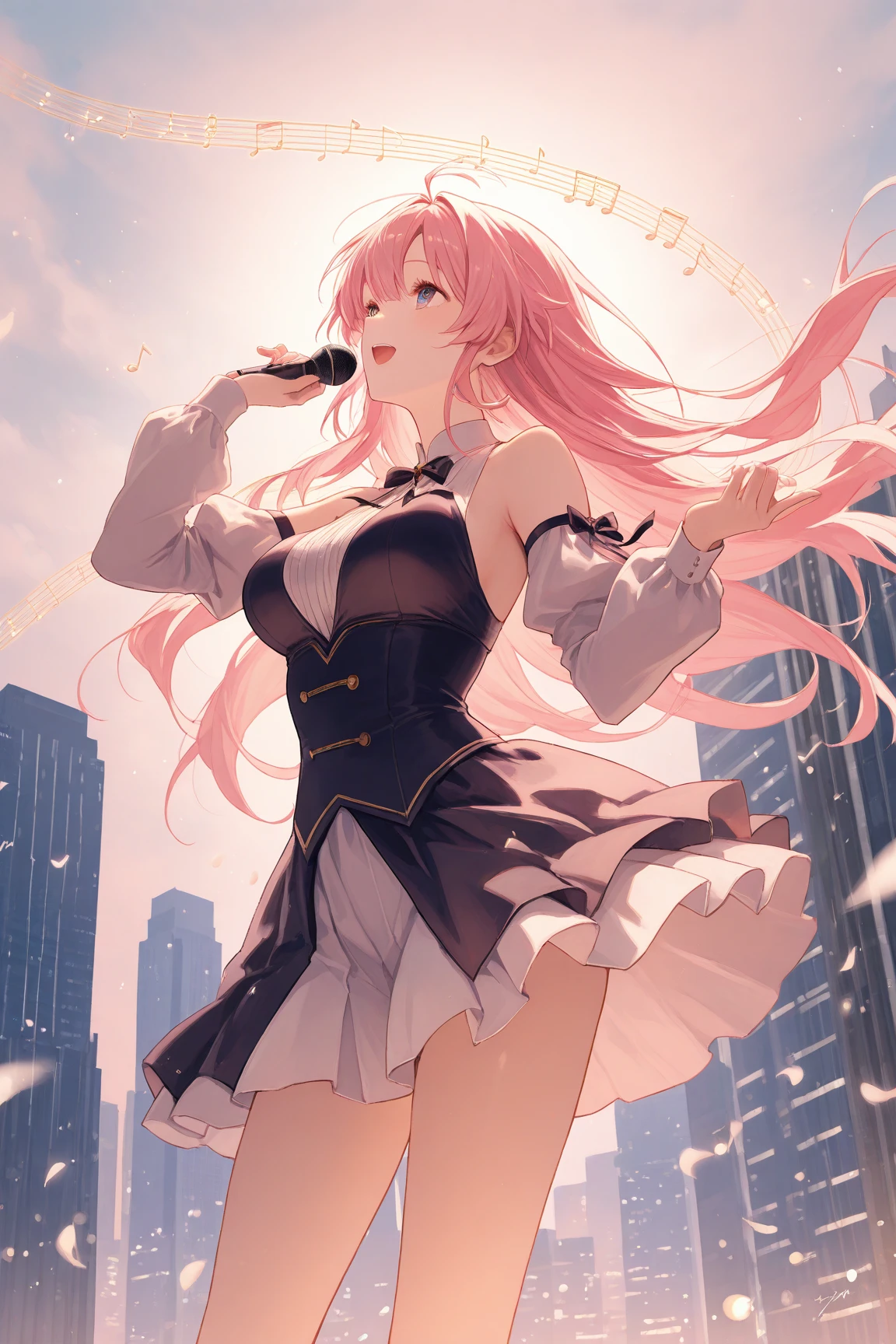Nino Nakano, pink hair,
BREAK (cleavage,shirt,epaulettes,elbow gloves,skirt,black thighhighs,thigh boots,white footwear:1.2),
BREAK from side, looking up, sky, clouds, profile,
BREAK ((top quality, 8k, masterpiece: 1.3, ultra hd, high quality, best quality, high definition, realism)), sharp focus: 1.5, Beautiful woman with Slim body, (perfect hands, perfect anatomy),
