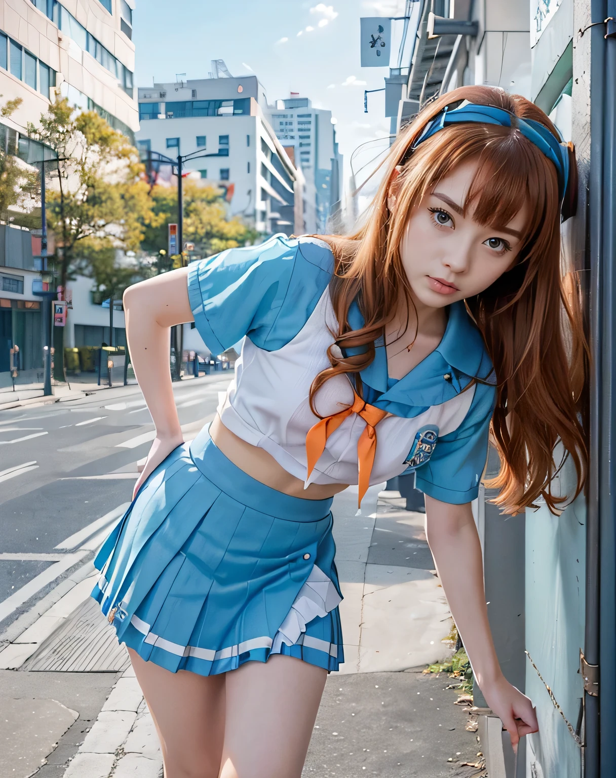 (masterpiece, best quality, hyper detailed, Full-HD, 16k, absurdness), break (1 girl who died,yo, kousaka kirino, height 1.65meters , Slim 45kg,hair accessory, Alone, long hair, small braasts:1.2, hair clip for hair , orange hair,schools,sailor suit,Aqua Eyes, blue eyes, skirt, thigh, break 視聴者を見ている、 zitoida, City, school route, street, morning