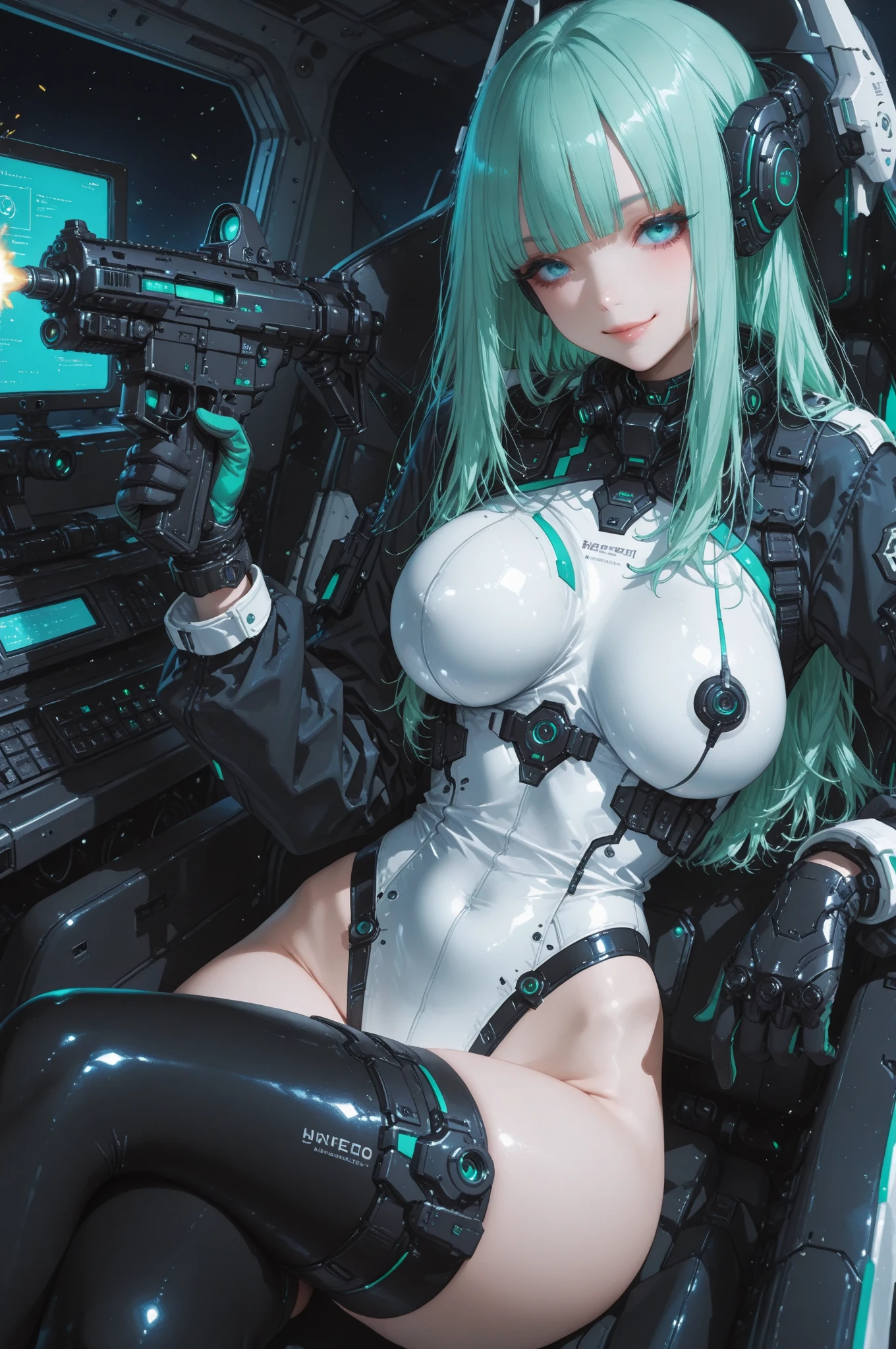 masterpiece, best quality, girls, slender, green eyes, mint black hair, iridescent, long hair spreading, white skin, blood vessels on arms and chest, big, cute, sexy, near future, cyberpunk, bikini, skin exposed, night, psychedelic, trip, super colored, paisley theme, open legs, mechanical left arm, full body, sitting