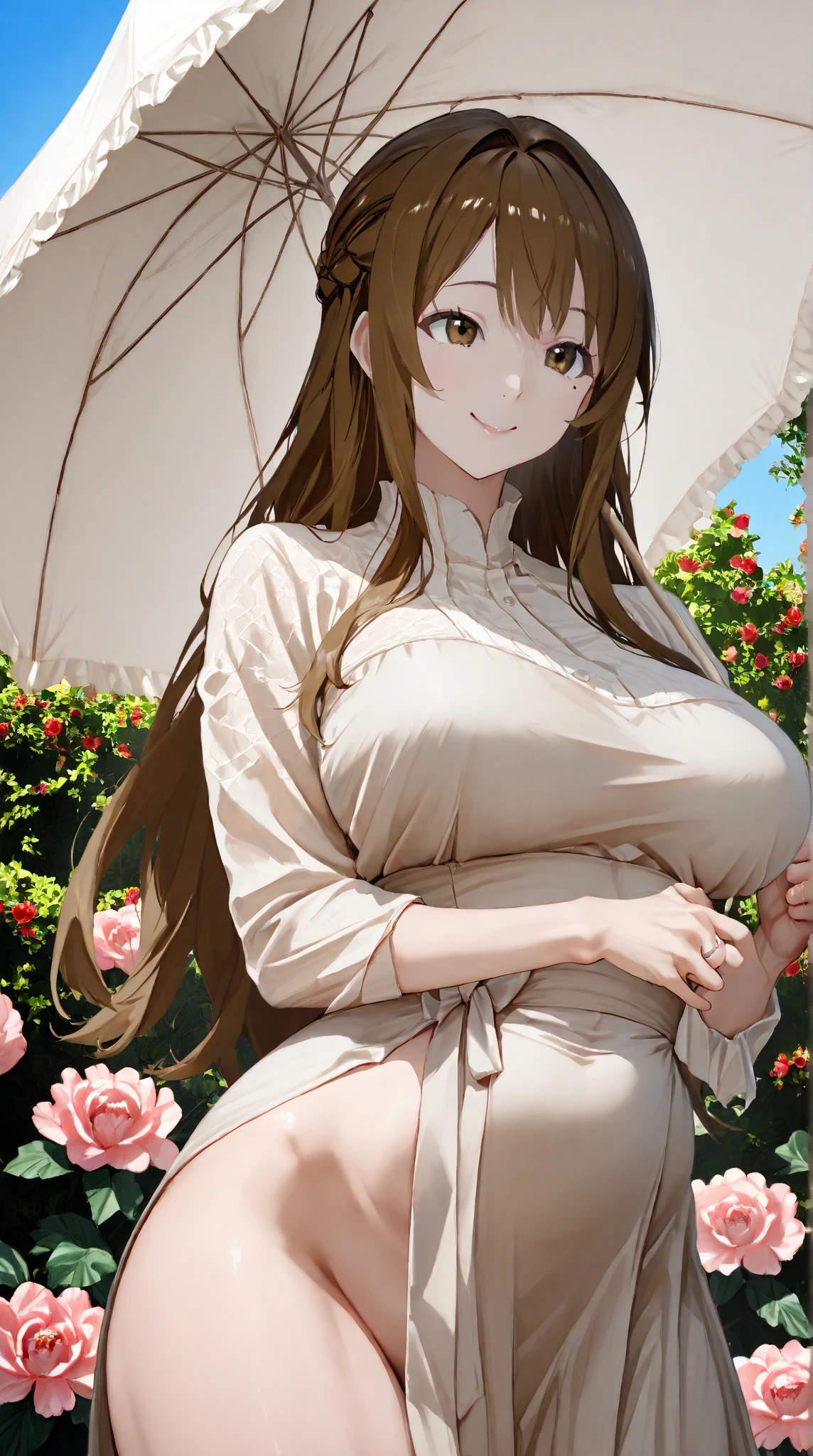 Anime girl, thick and curvy, long curly brown hair with bangs, brown eyes, pastel coquette aesthetic
