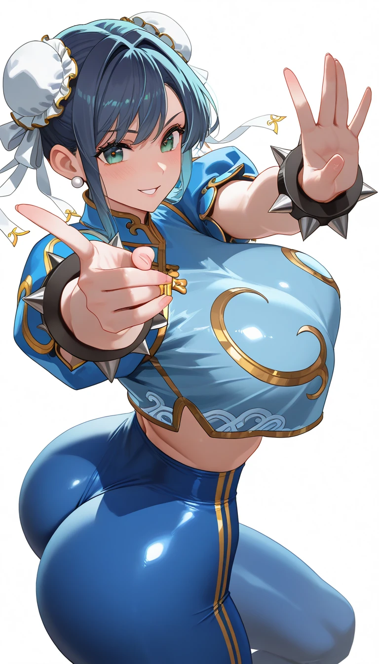 Street fighter chun li smiling, showing armpits and pussy, half naked.(((half naked))) forest background, white boots.