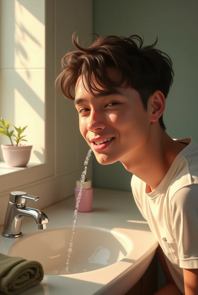 original photo. A young Indonesian man with a laughing expression holding a round pink bath ladle lies on a luxury hotel bathroom bed filled with soapy water full of foam and a toy duck. Ultra-realistic 8K photo, taken with Leica Q2, strong color contrast and sharp clarity --ar 9:16 --quality 2 --