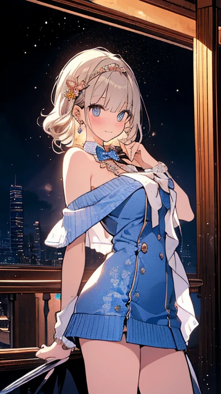 ((best quality)),((anime)),1gail,gold short hair,beautiful face,graceful look, bright smile ,dress, starry night ,skyscrapers at night,8k