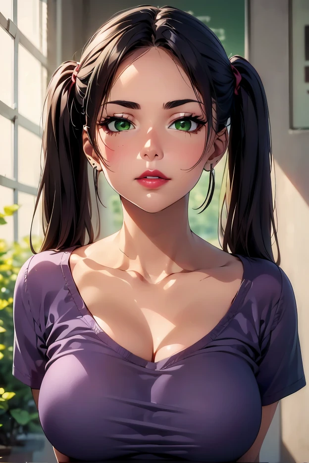 sexy woman, voluminous breast, a 20 year old woman, beauty face, a stern face, high detail, beauty lips, photorealistic, ultrarealistic, background, rtx on, Color Grading, Perspective, Depth of Field, Field of View, Tonal Colors, 8K, Full-HD, Perfectionism, Rim Lighting, Natural Lighting, Soft Lighting, Accent Lighting, Diffraction Grading, hot woman , super detailed, ((Detailed beautiful green eyes )) , black hair , straight hair, ponytail hair, ( casual wear ), face portrait, look forward